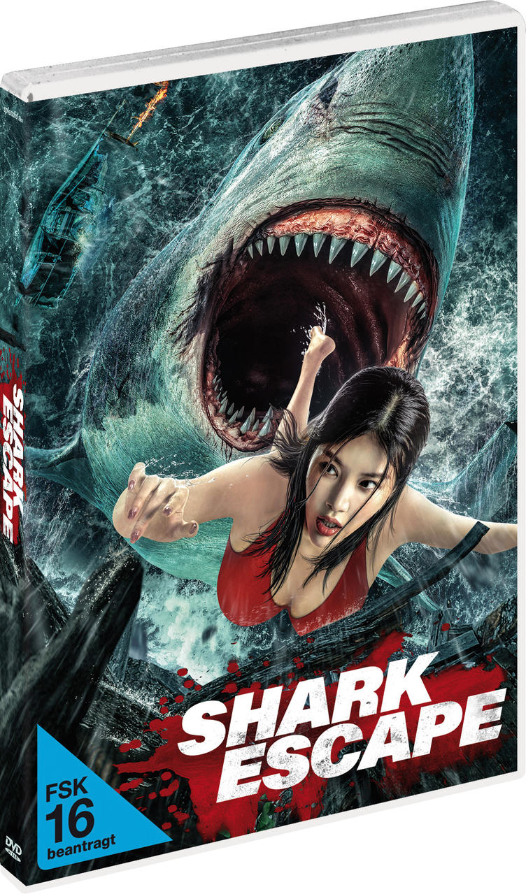 Film-Cover. Hai springt auf Frau im Wasser zu. DVD-Hülle. Schwarz und Weiß.