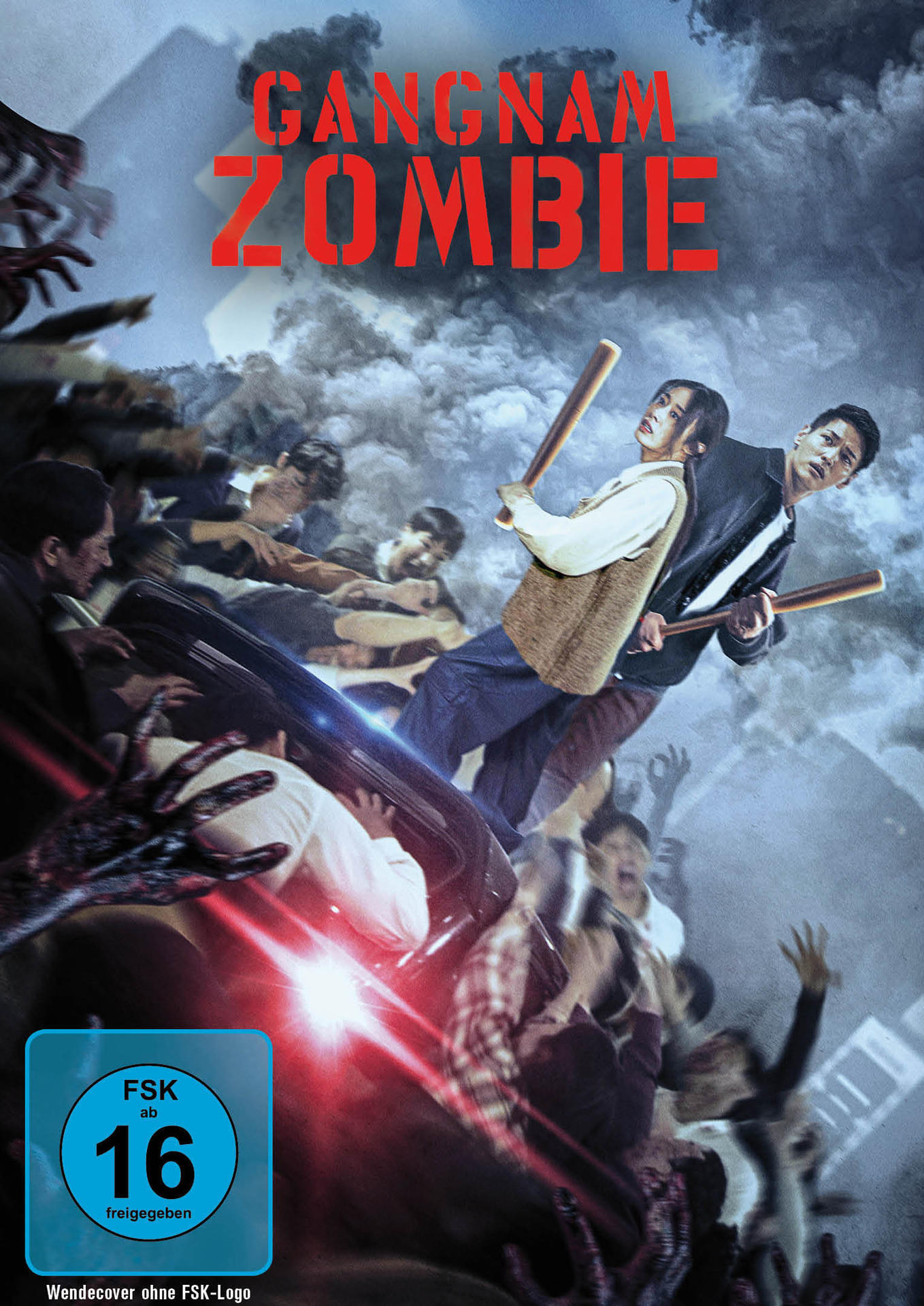 Kinoplakat zu Gangnam Zombie. Zwei Personen mit Schlägern kämpfen gegen Zombies. Filmtitel oben, Bewertung unten.