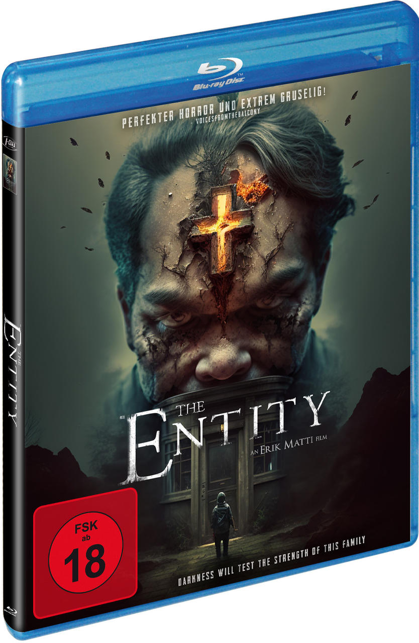 Blu-ray-Disc-Cover für 'The Entity'. Das Gesicht eines Mannes mit Kreuz und Haus im Hintergrund.
