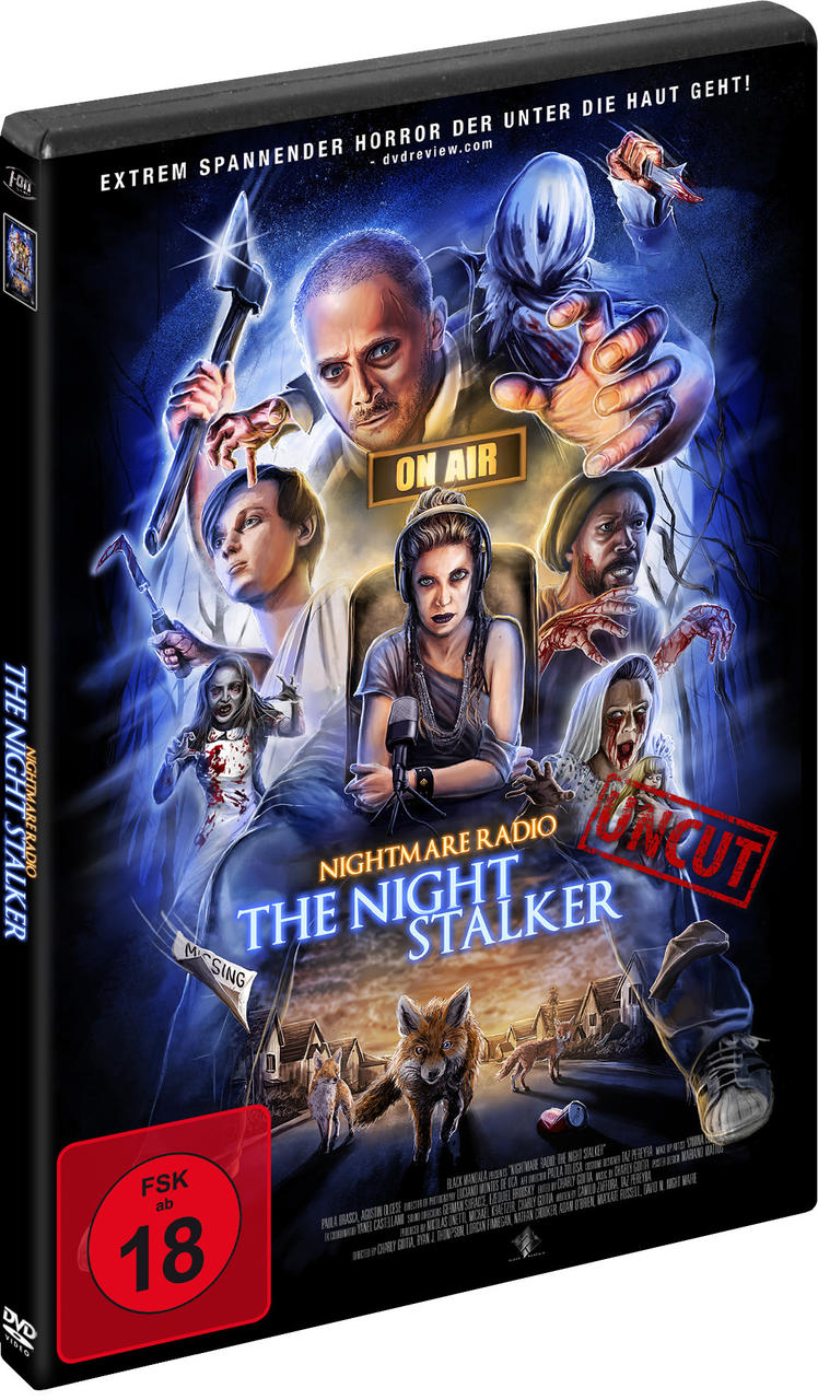 DVD-Cover von 'Nightmare Radio: The Night Stalker' mit Filmfiguren und Text. Bewertung FSK 18.