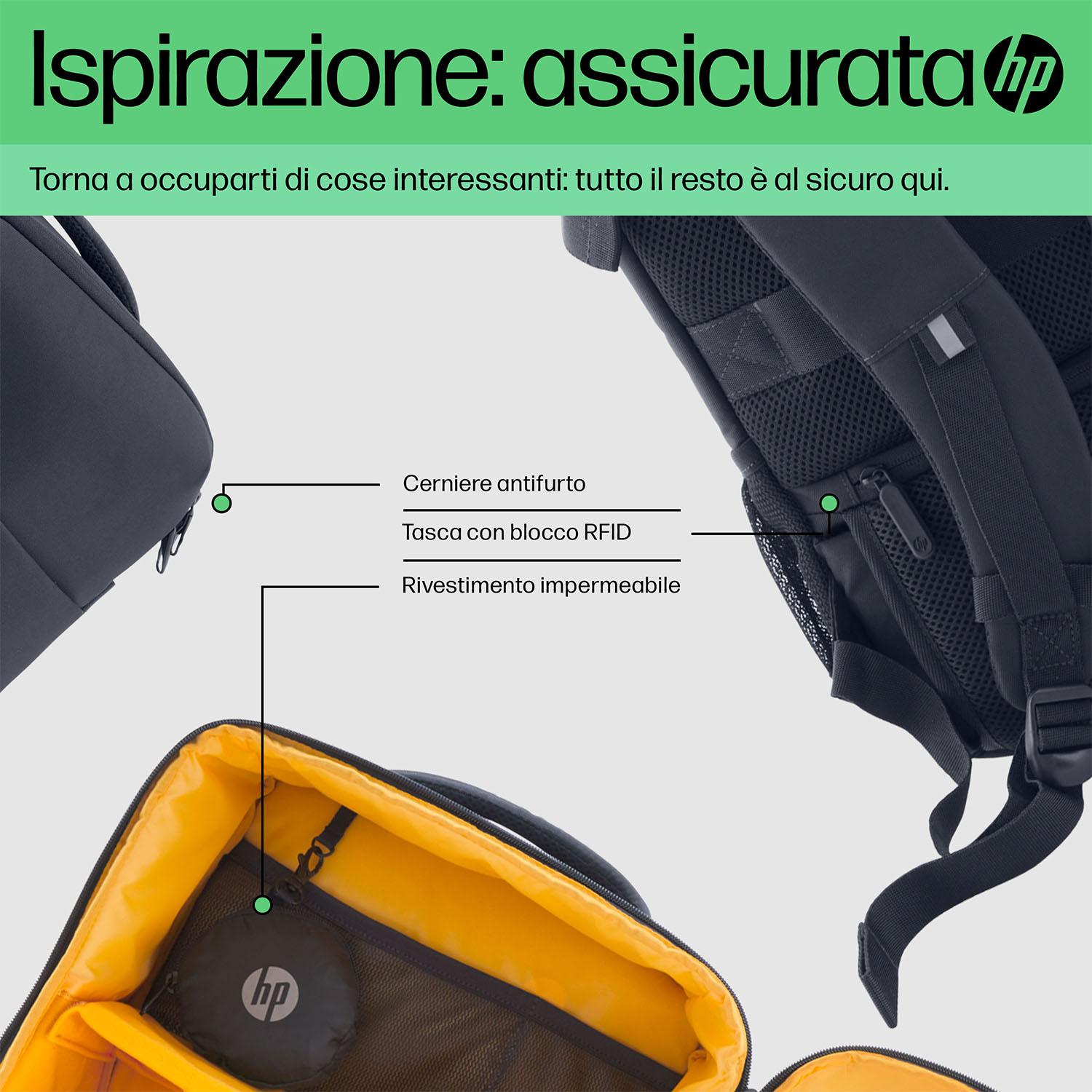 Uno zaino con interno giallo. Caratteristiche: cerniere antifurto, tasca con blocco RFID e rivestimento impermeabile.