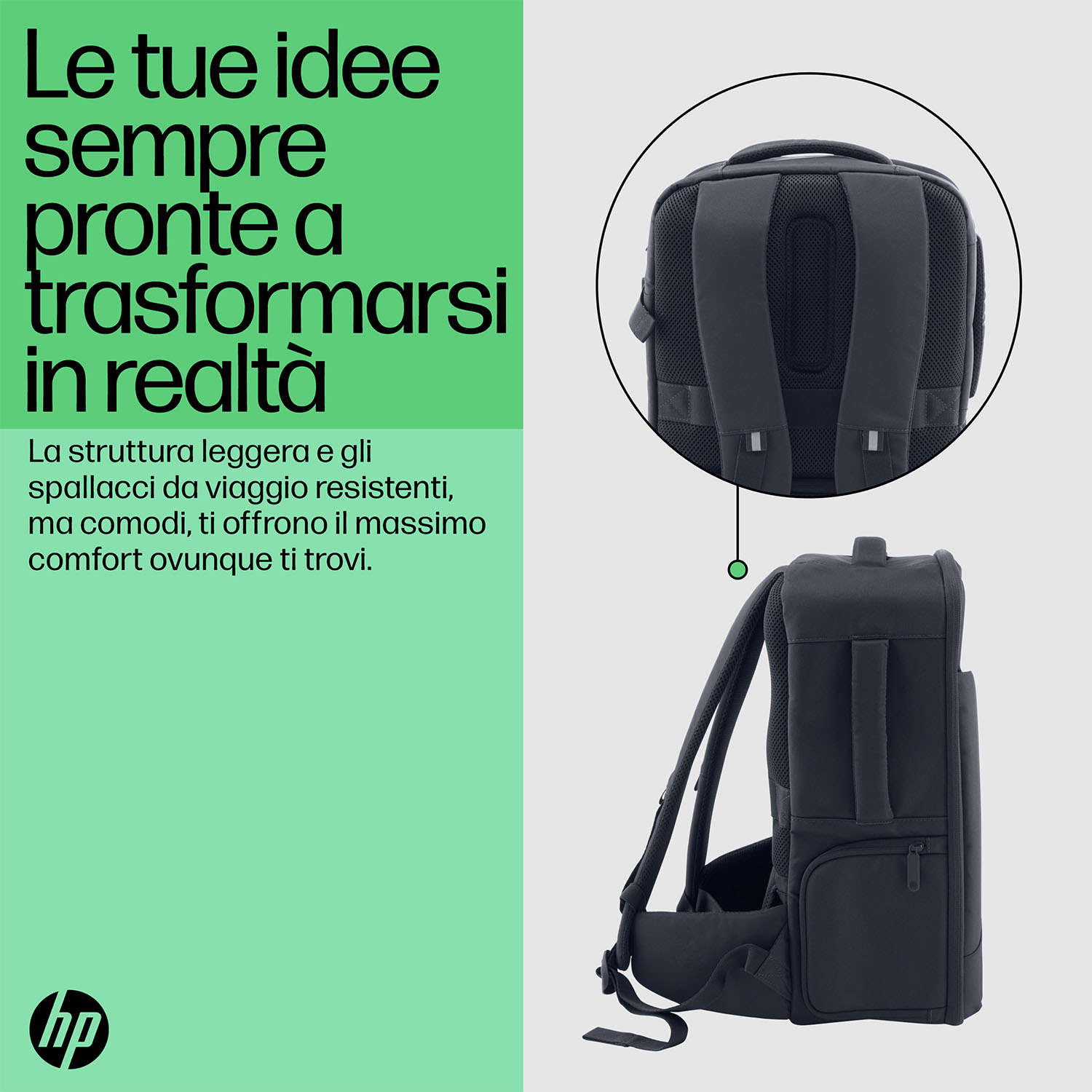 Zaino blu scuro con testo su sfondo verde. Lo zaino è dettagliato.