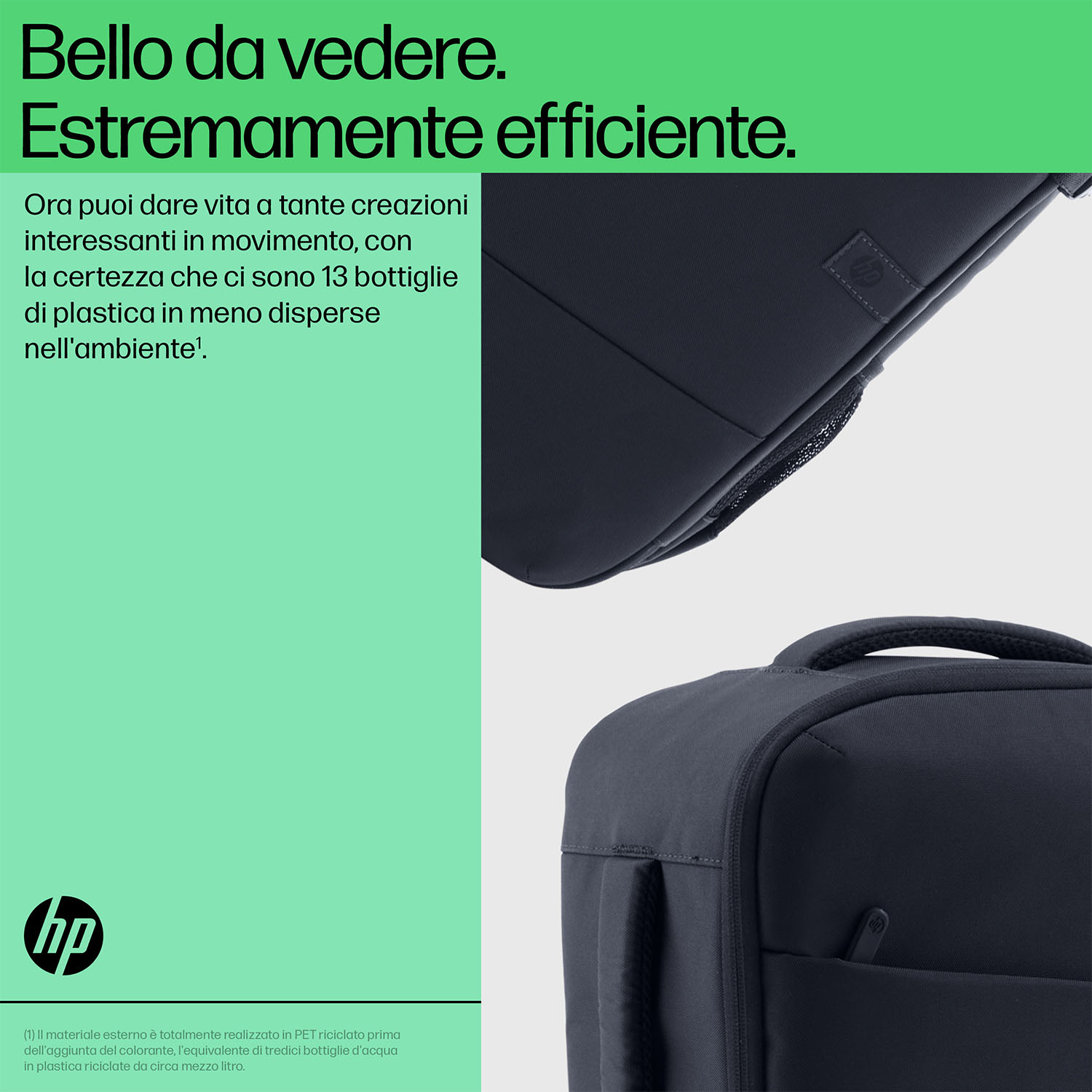 Primo piano di due zaini blu navy scuro. Testo: 'Bello da vedere. Estremamente efficiente.' Il logo HP è presente.