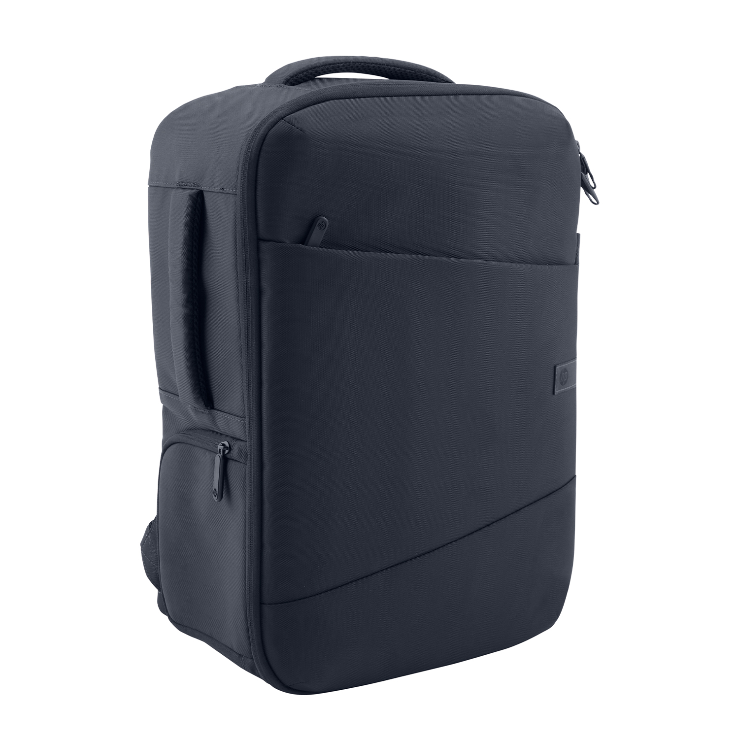 Uno zaino blu scuro con manico e diverse tasche.