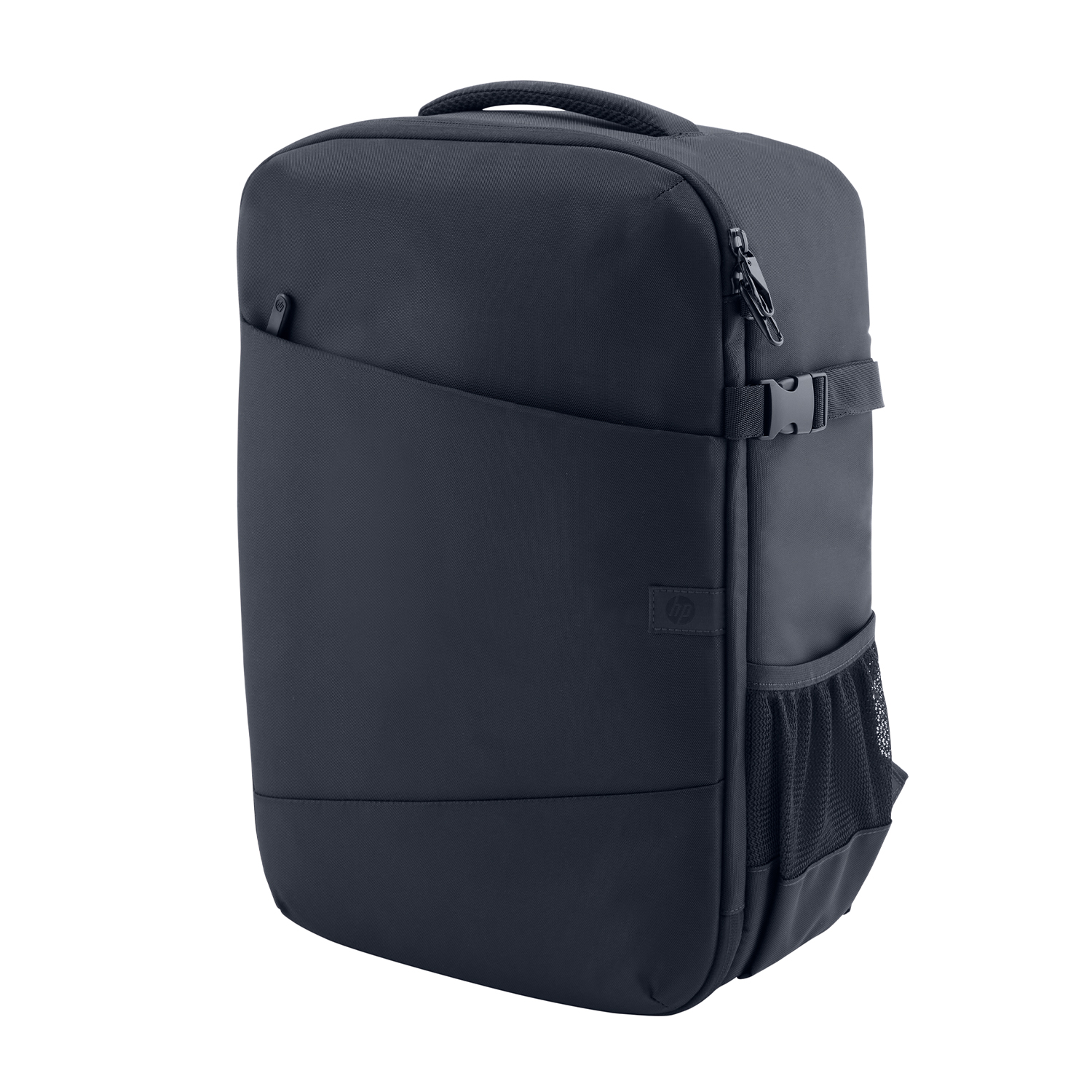 Uno zaino HP blu scuro con più scomparti e una chiusura con fibbia nera.
