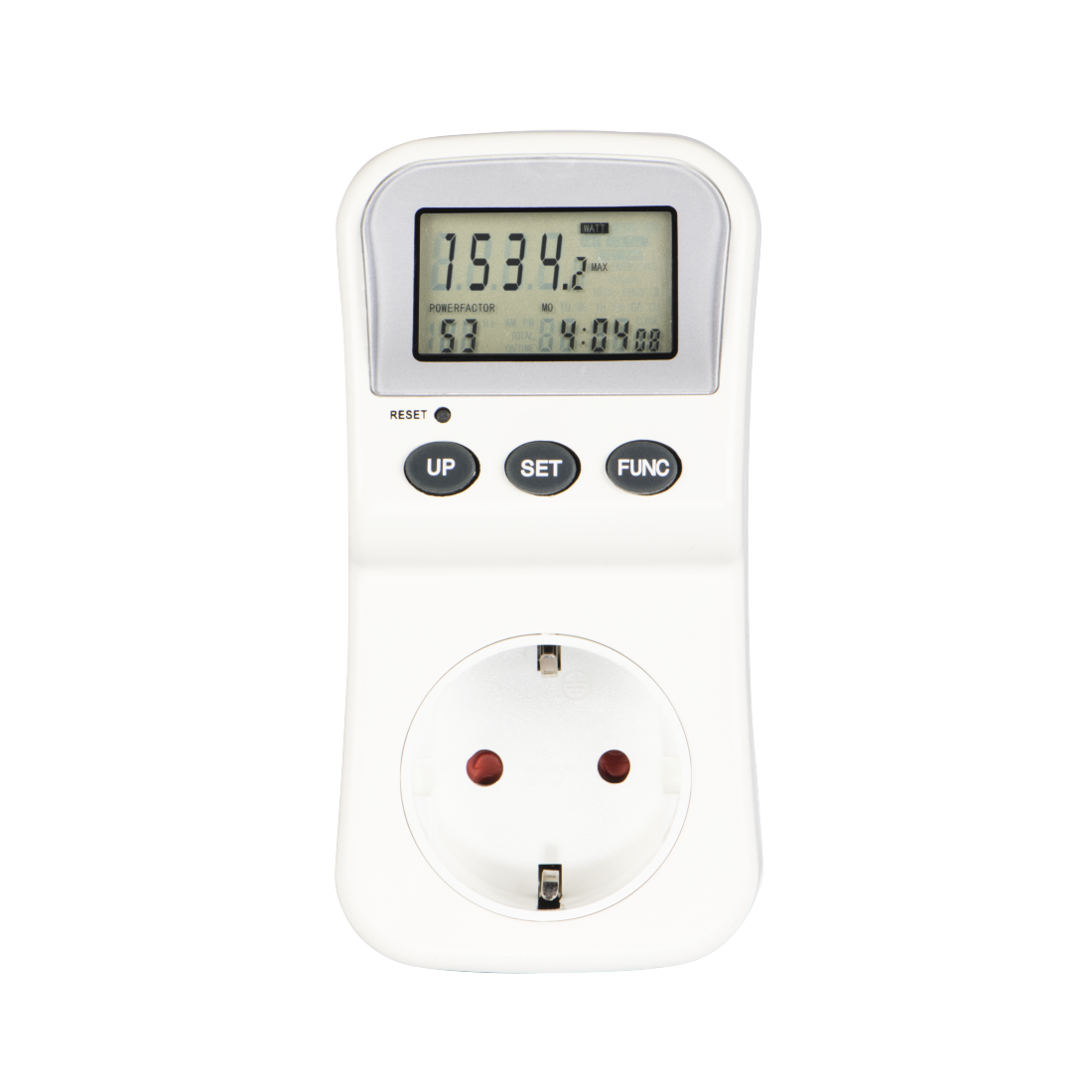 Medidor de energía blanco con pantalla que muestra números. Tiene botones: RESET, UP, SET, FUNC.