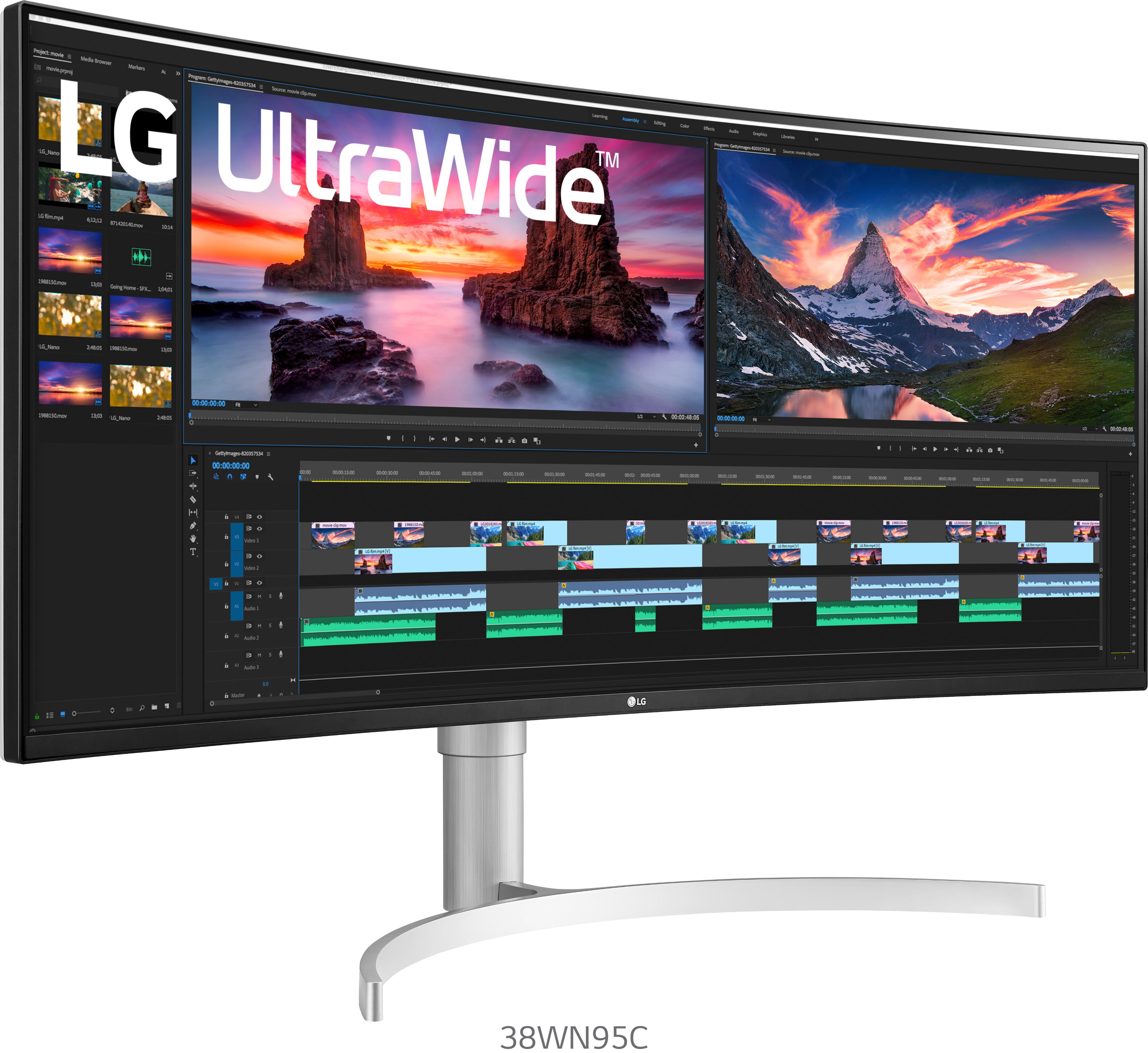 UltraWide LG Monitor mit Video-Bearbeitungssoftware-Oberfläche und Videoclips.