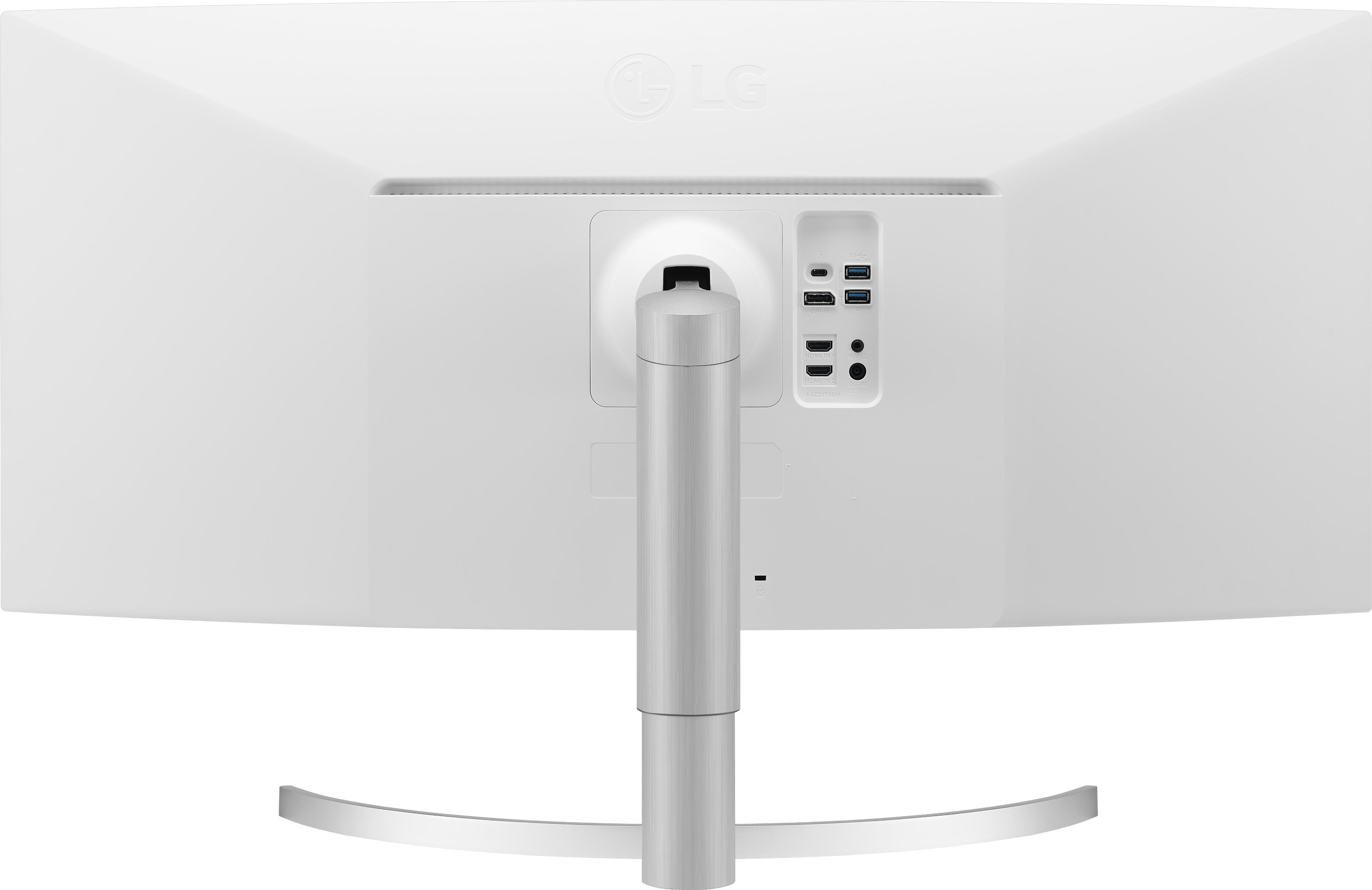 Rückansicht eines weißen LG-Monitors mit Ständer und Anschlüssen.
