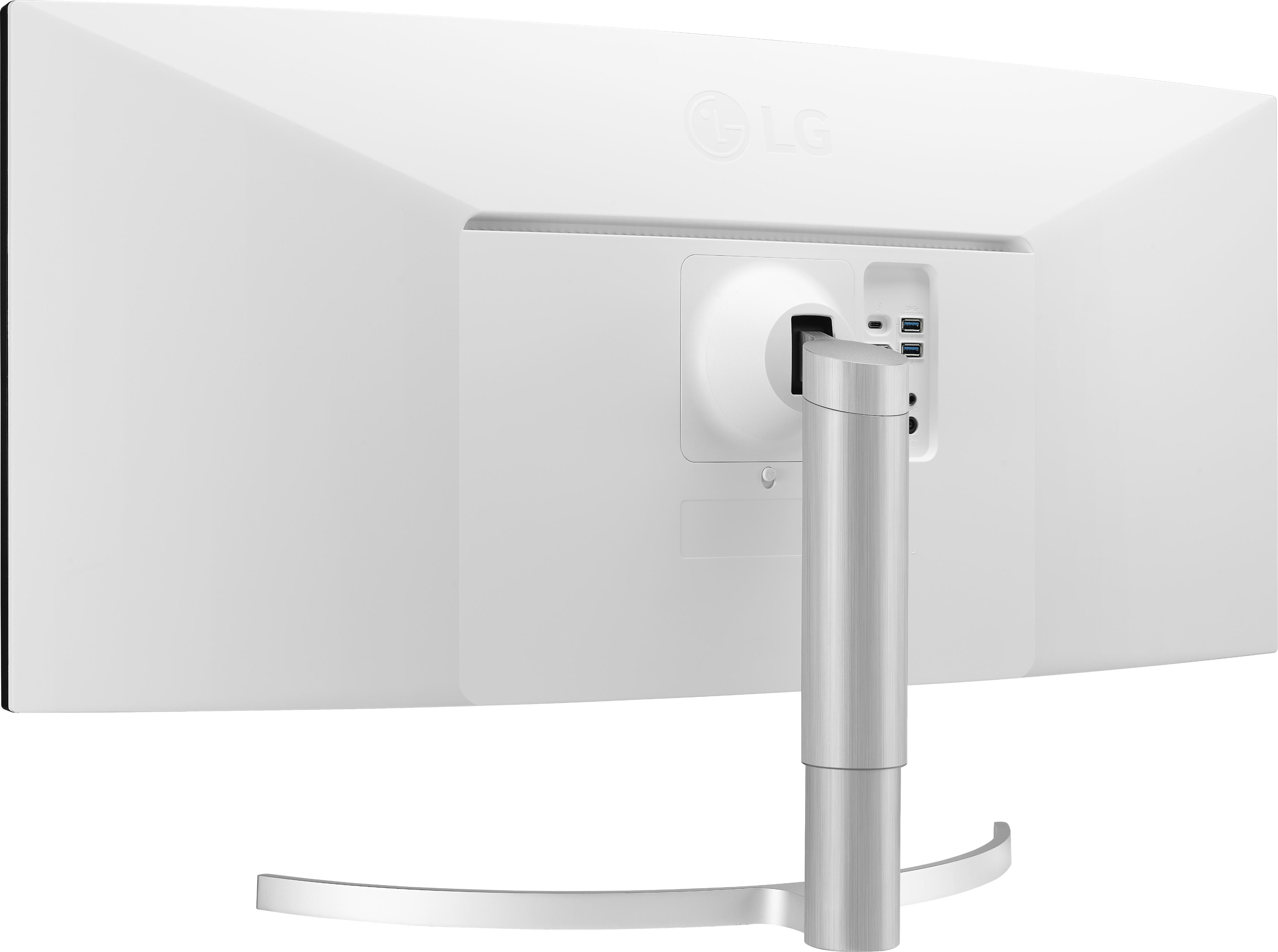 Rückansicht eines weißen Computermonitors mit silbernem Ständer und Anschlüssen.