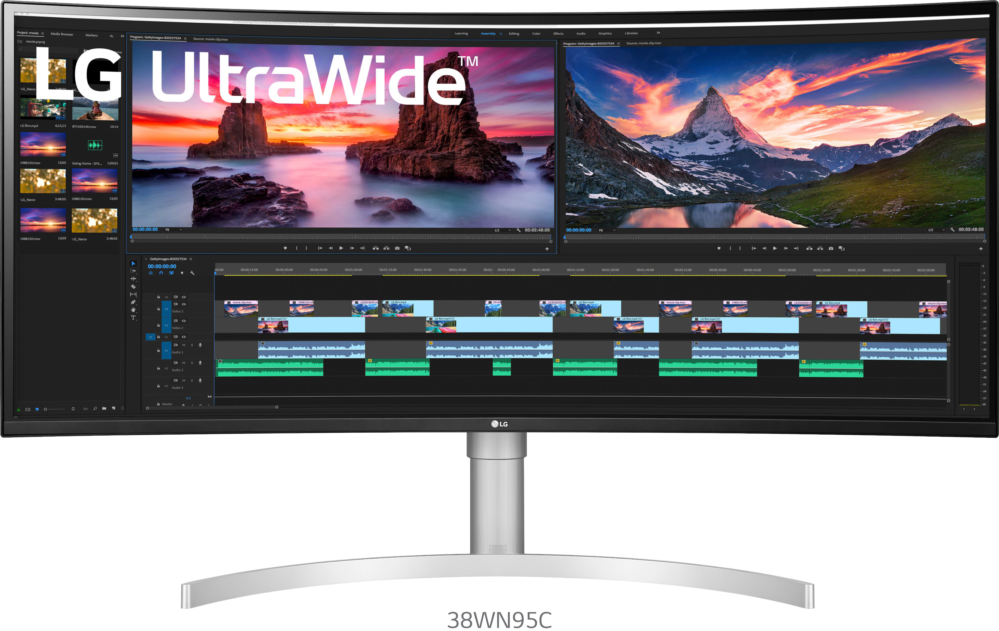Ein gebogener, ultraweiter Computermonitor, der eine Videoschnittstelle anzeigt.