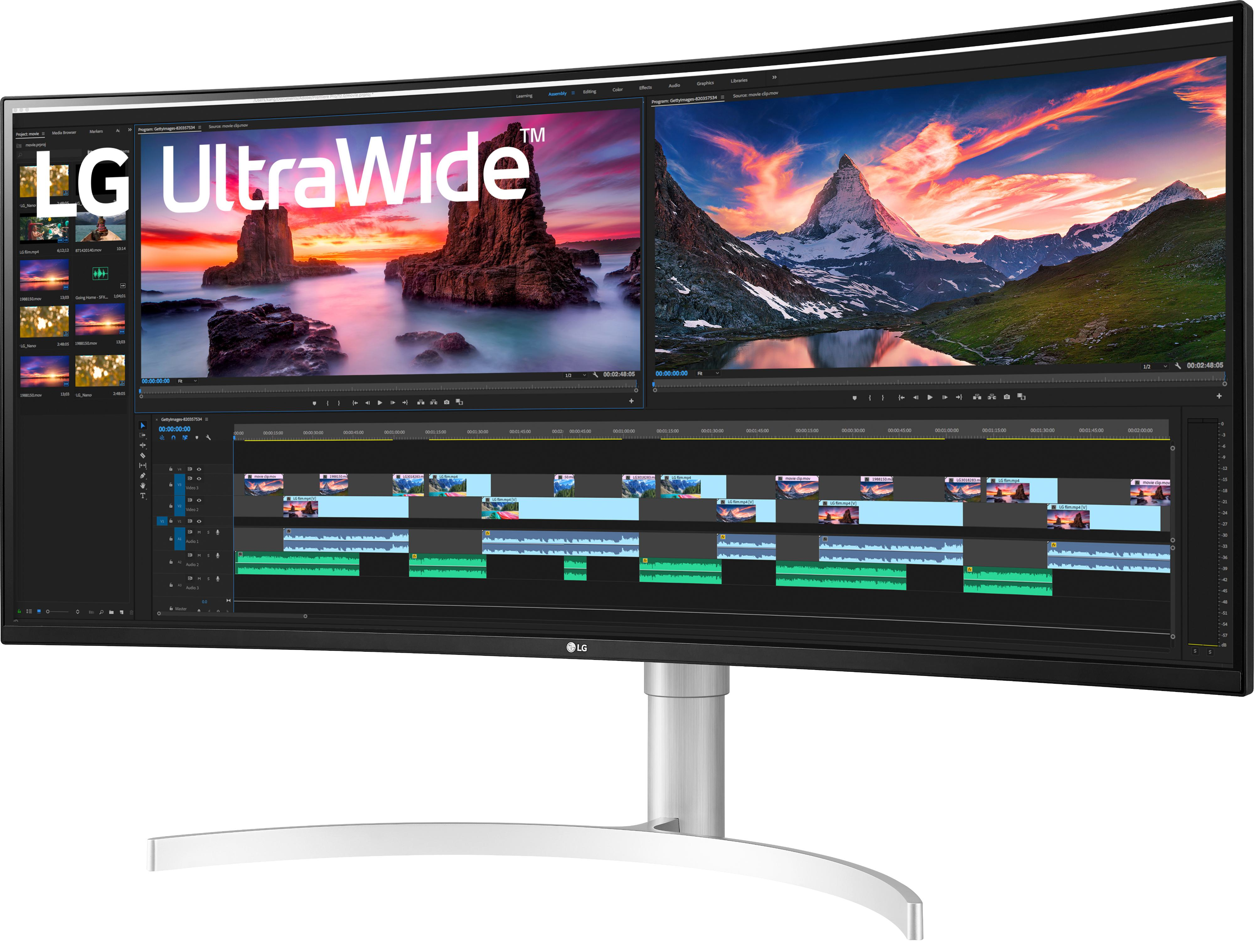 Ein ultrabreiter Monitor, der eine Landschaftsszene und eine Videobearbeitungsoberfläche anzeigt.
