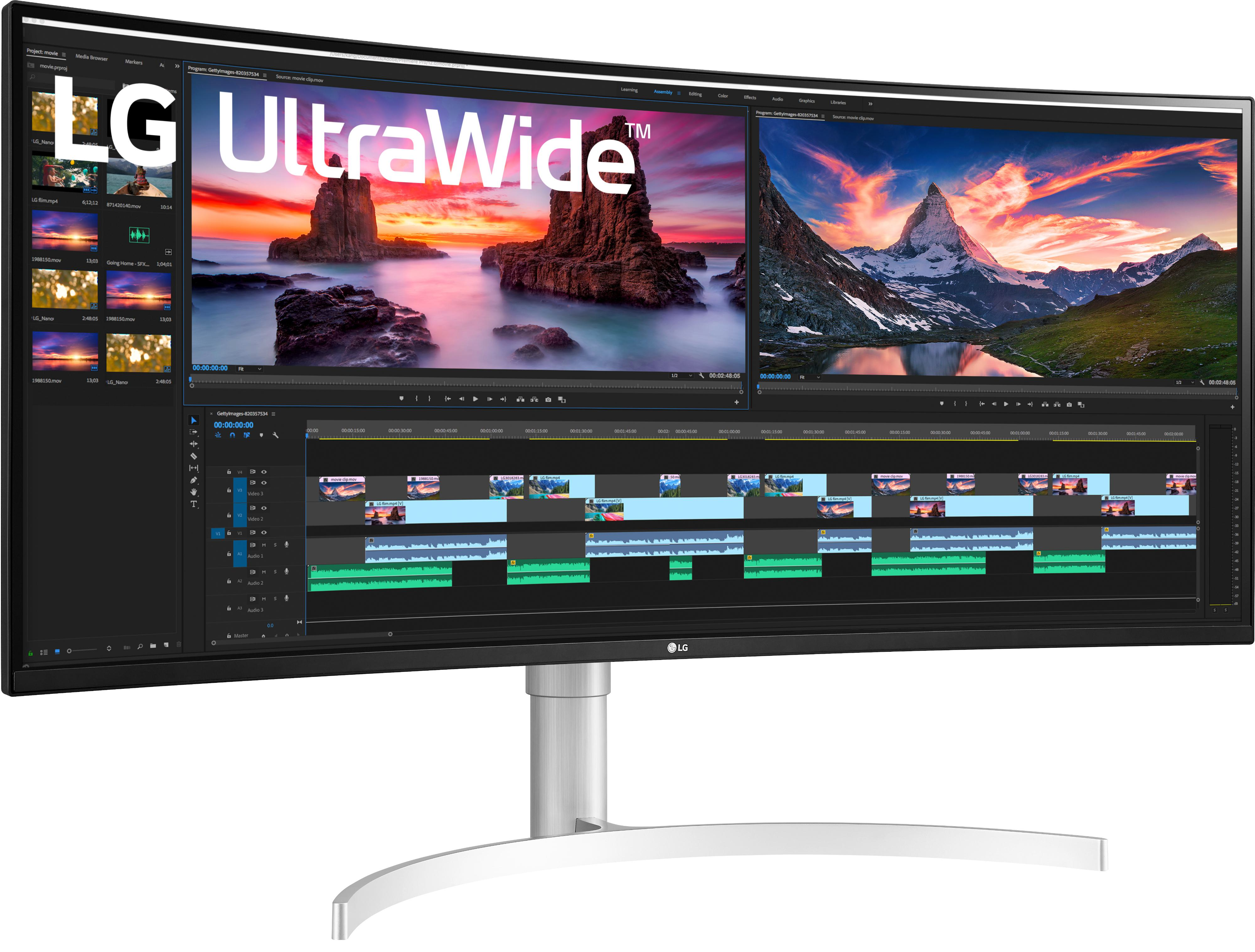 Ein LG Ultrawide-Monitor zeigt eine Videoschnittstelle mit zwei Videoclips.