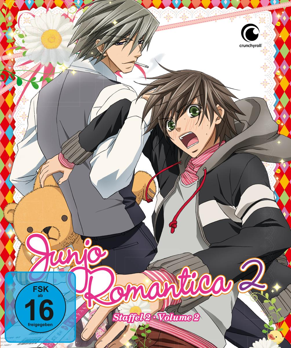Anime-DVD-Cover: zwei männliche Charaktere umarmen sich, Titel 'Junjo Romantica 2'.