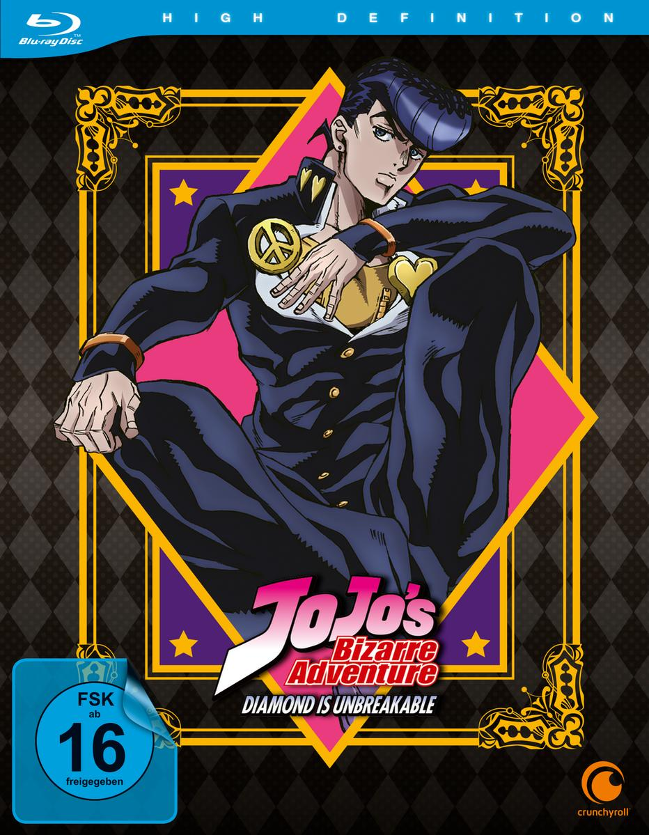 Blu-ray-Cover für 'JoJo's Bizarre Adventure'. Ein Mann in Pose mit Text und Logo.