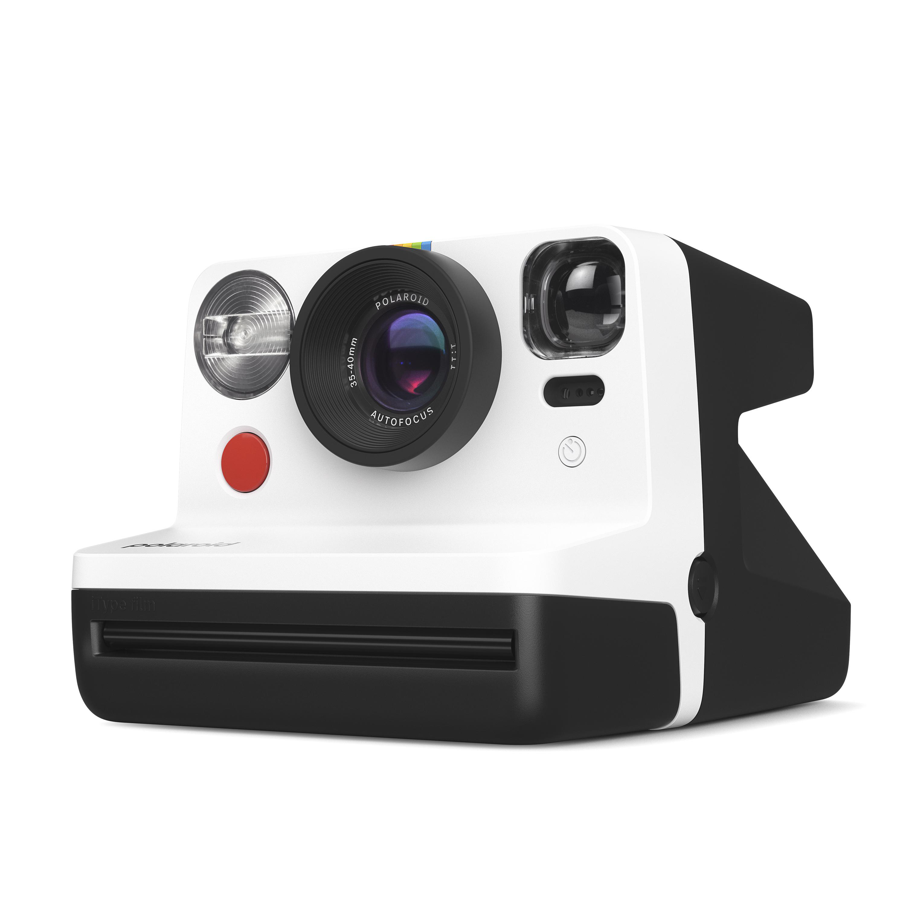 Weiße Polaroid-Kamera mit schwarzen Akzenten. Objektiv, Blitz und roter Auslöser sichtbar.