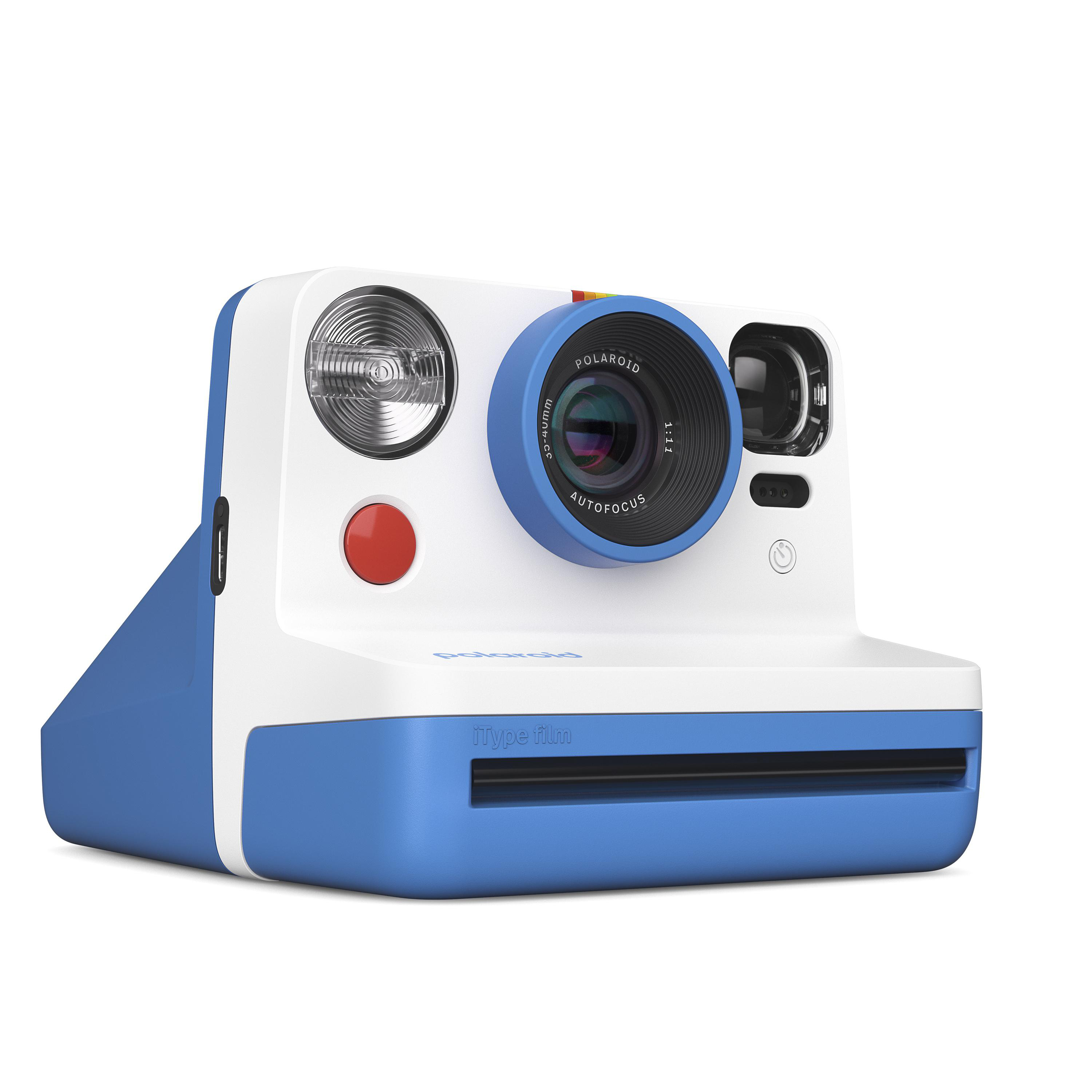 Eine blau-weiße Polaroid-Kamera mit rotem Knopf und Objektiv. Es steht 'Polaroid' und 'i-Type Film' drauf.