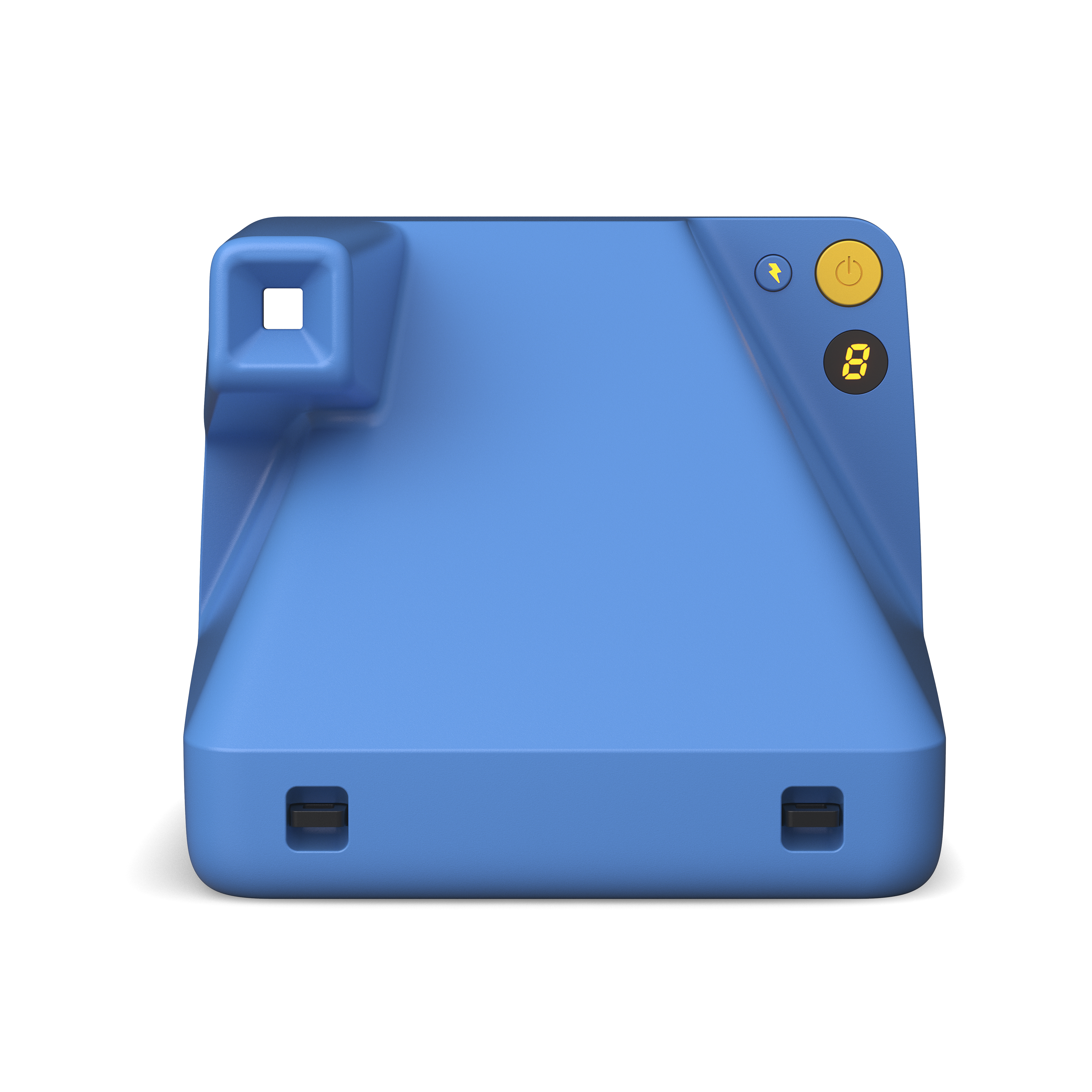 Eine blaue Polaroid-Kamera mit gelbem Knopf und Bildschirm.