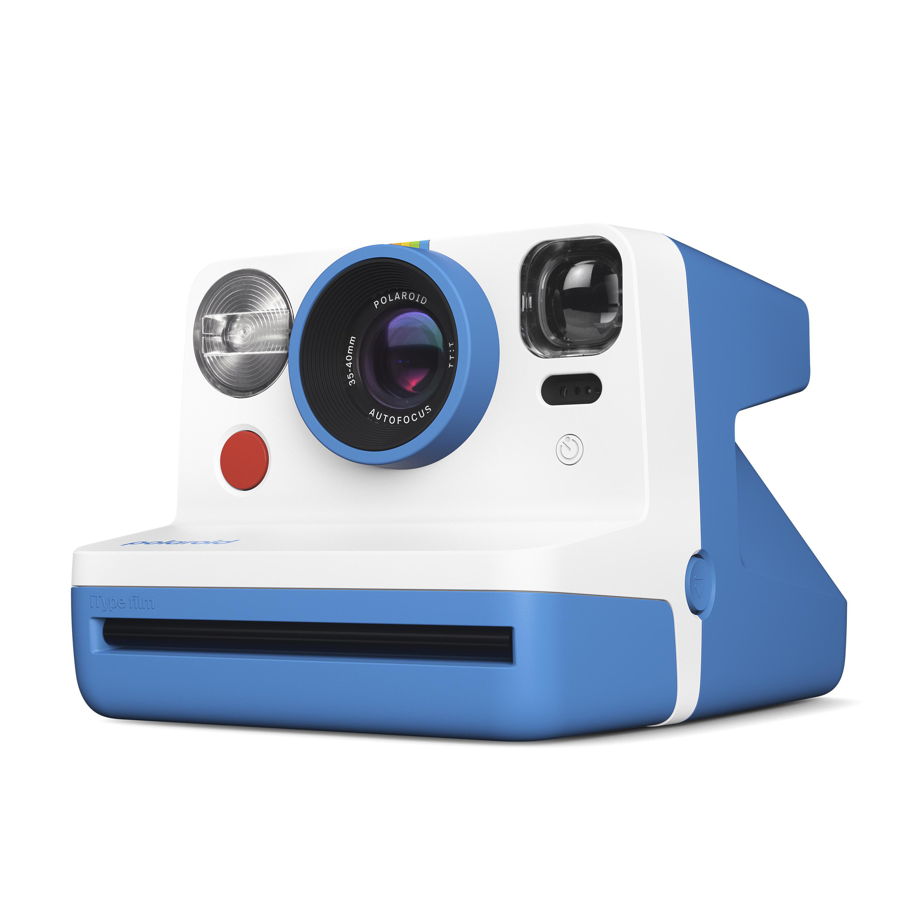 Blaue und weiße Polaroid-Kamera mit rotem Knopf und Objektiv.