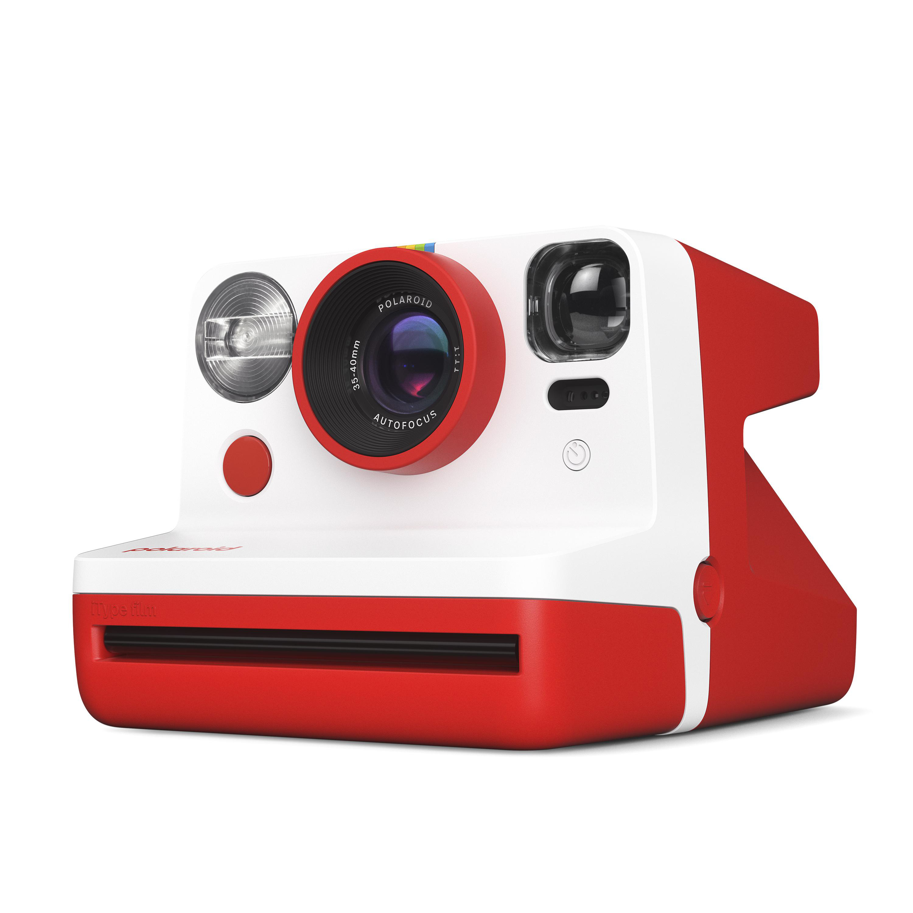 Eine rot-weiße Polaroid-Kamera.