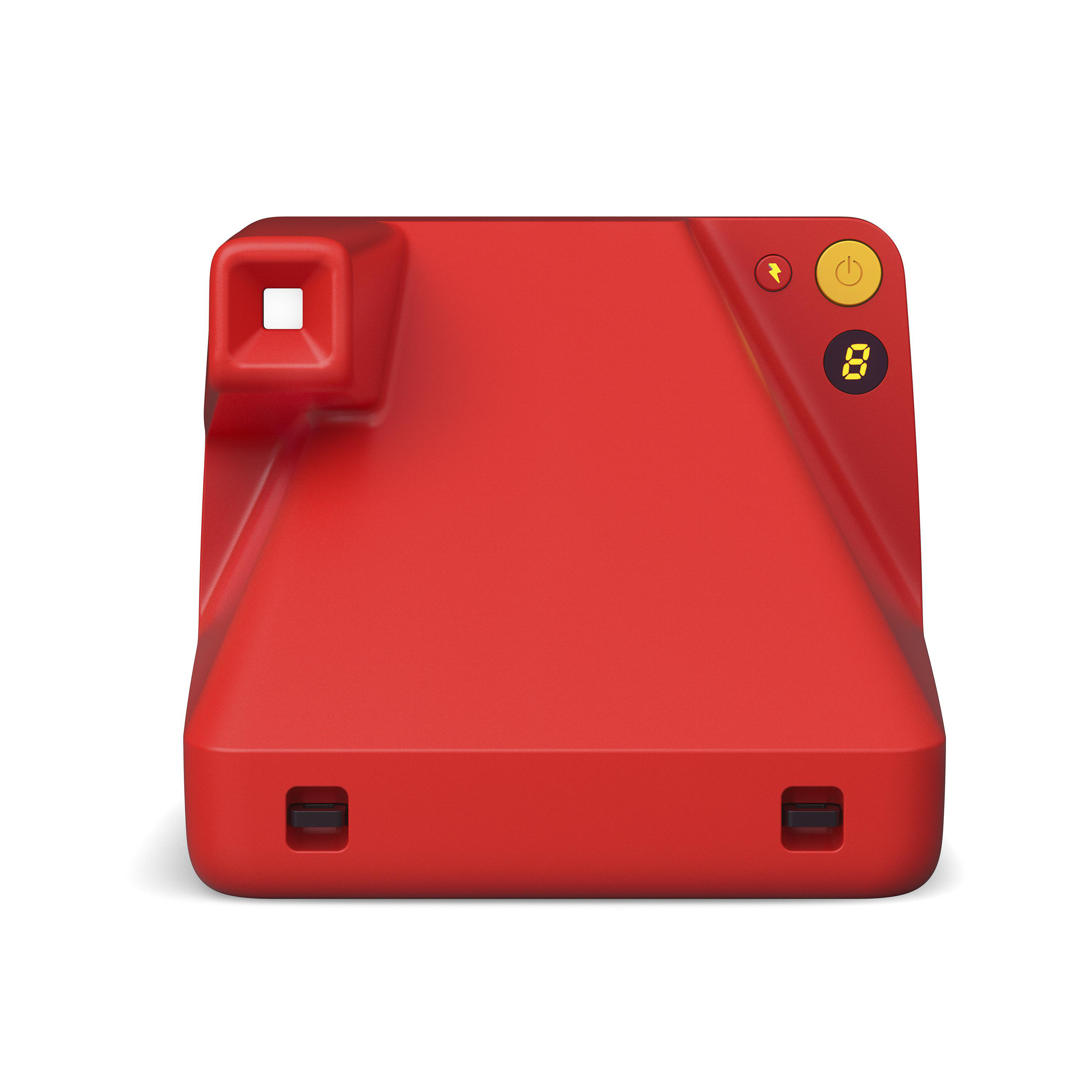 Eine rote Polaroid-Kamera mit gelbem Ein- und Ausschalter und Digitalanzeige.