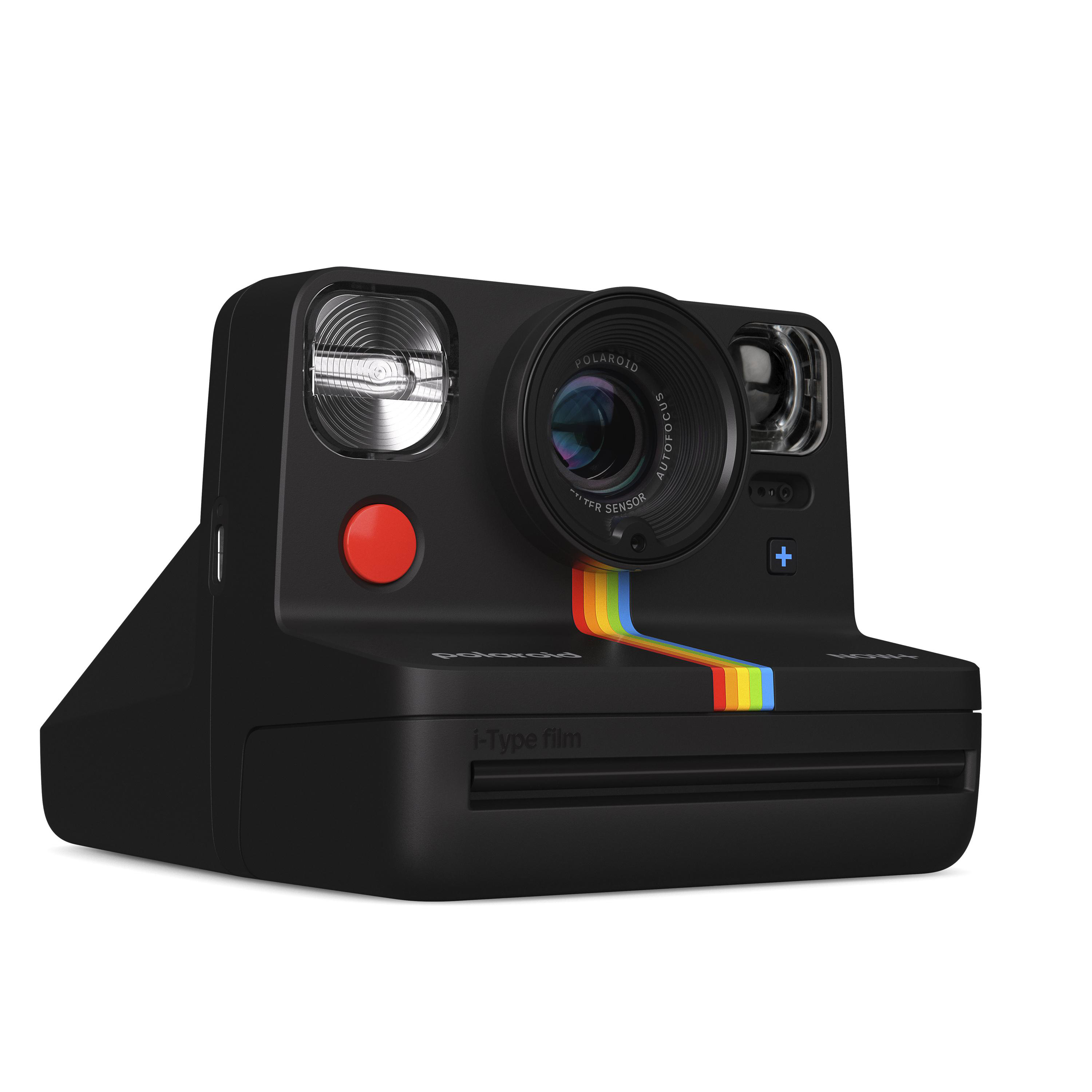 Schwarze Polaroid-Kamera mit rotem Knopf, Regenbogenstreifen und Objektiv. Sie hat das Label 'i-Type film'.