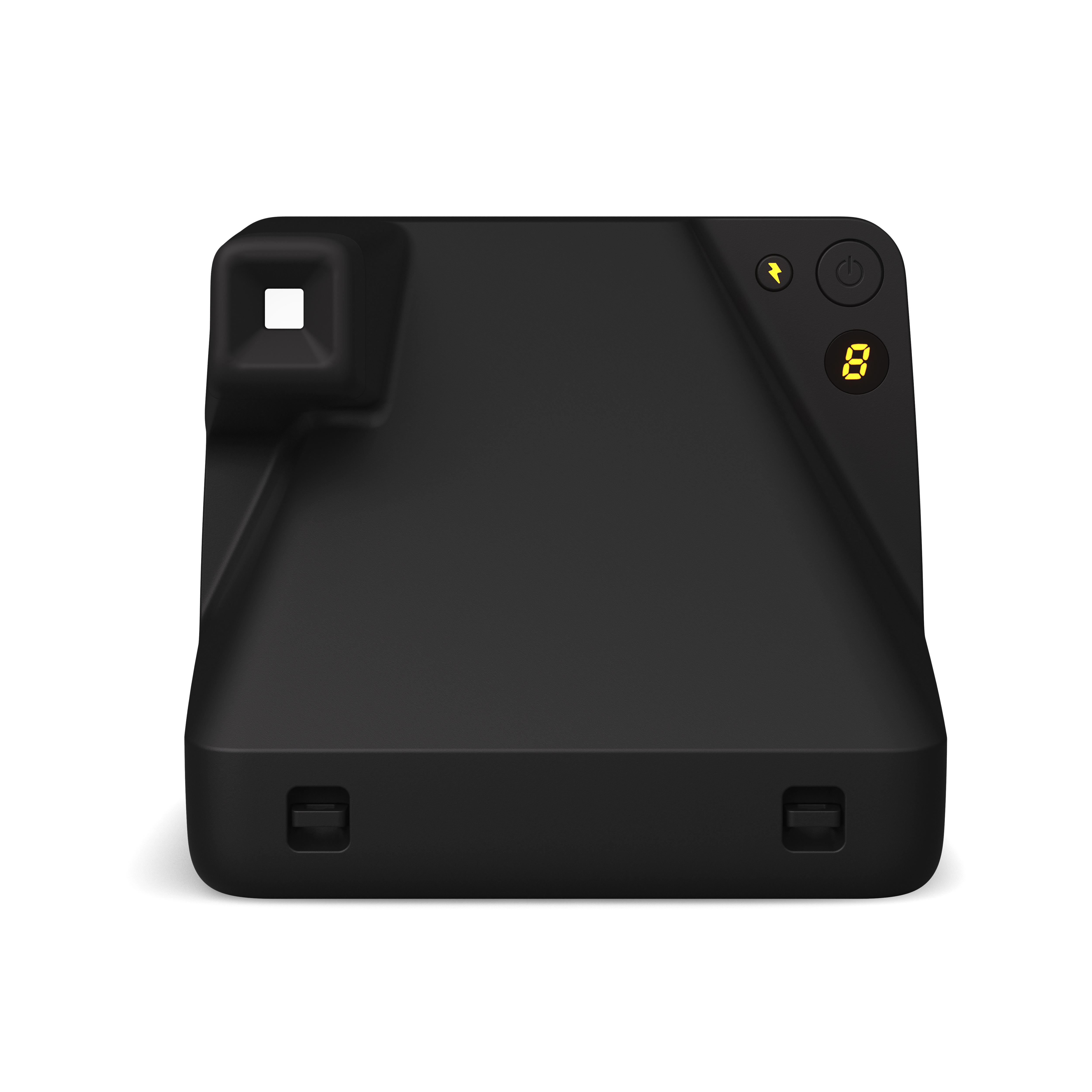 Schwarze Polaroid-Kamera, Draufsicht, mit Ein-/Aus-Taste, Blitz und Digitalanzeige.