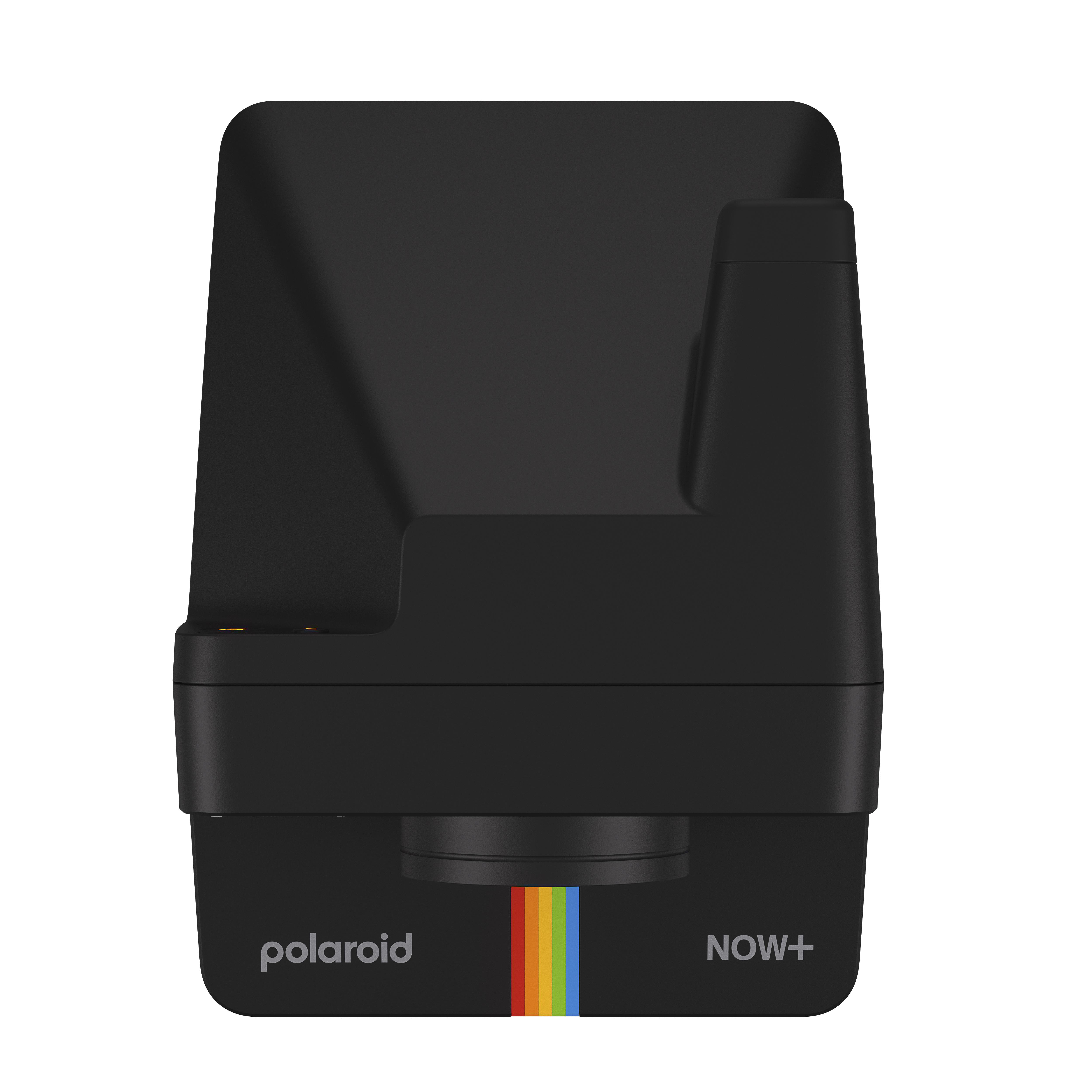 Polaroid-Kamera, schwarz, mit Regenbogenstreifen und dem Wort 'polaroid'.