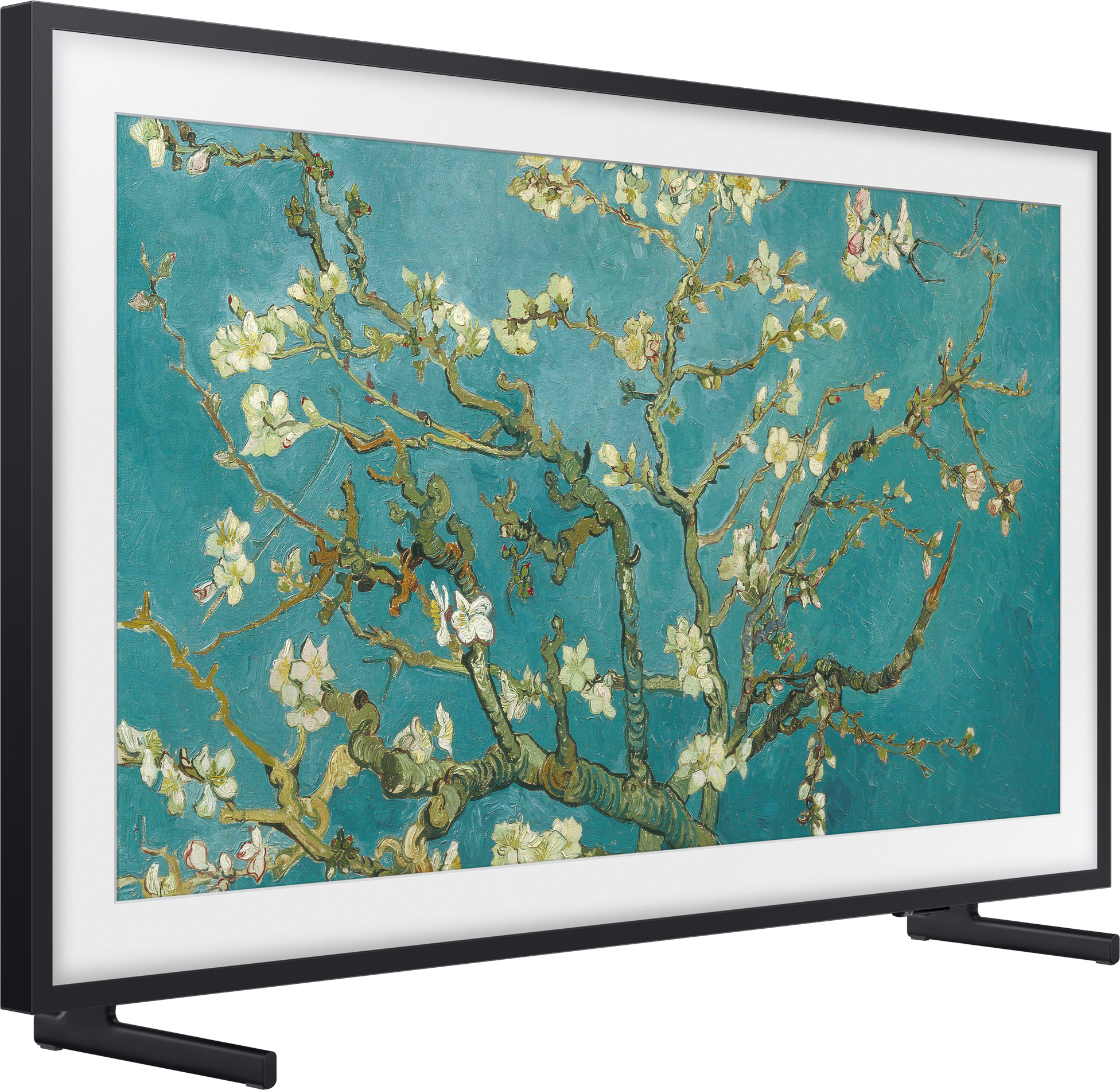 Egy Samsung Frame TV, amely Van Gogh Mandulavirágok című képét jeleníti meg. Fekete keret, türkiz háttér, fehér virágok.