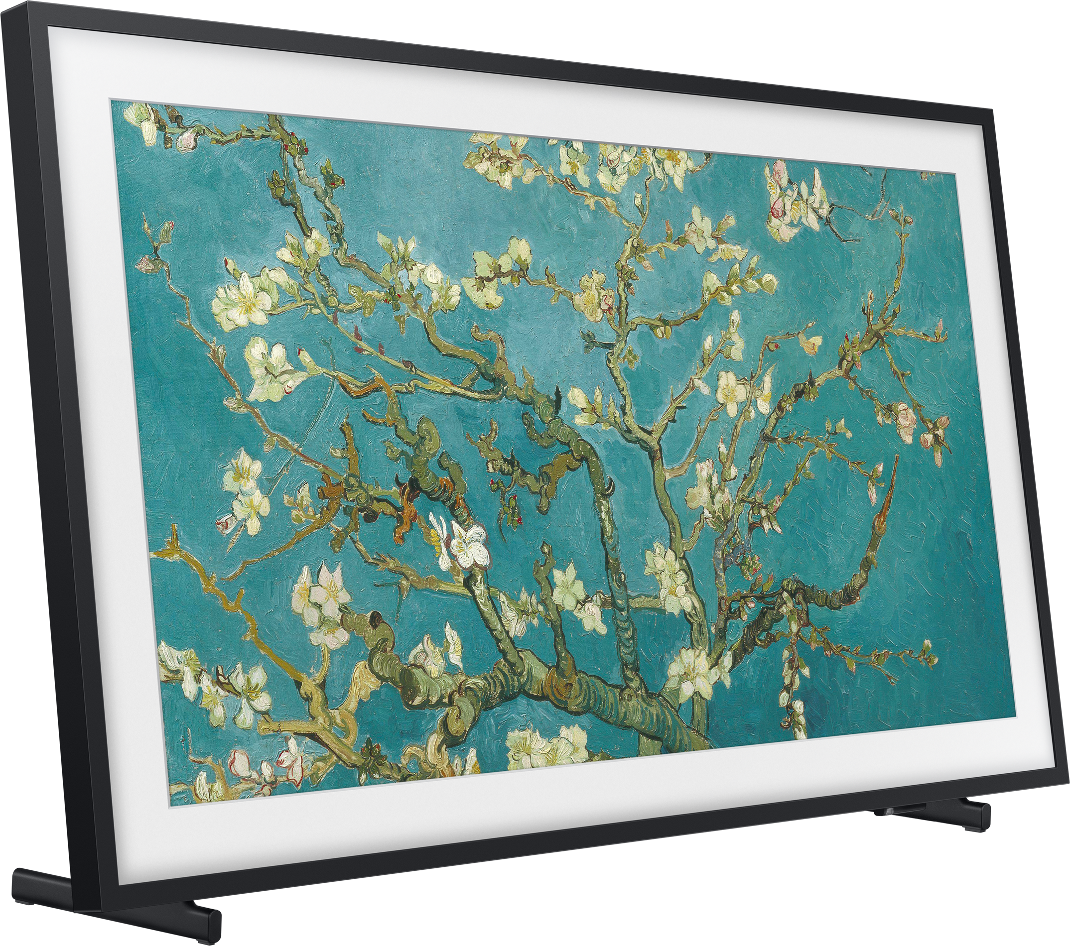 Keretezett TV Van Gogh Mandulavirágzását mutatja. Fekete keret, virágzó ágak, türkiz háttér.