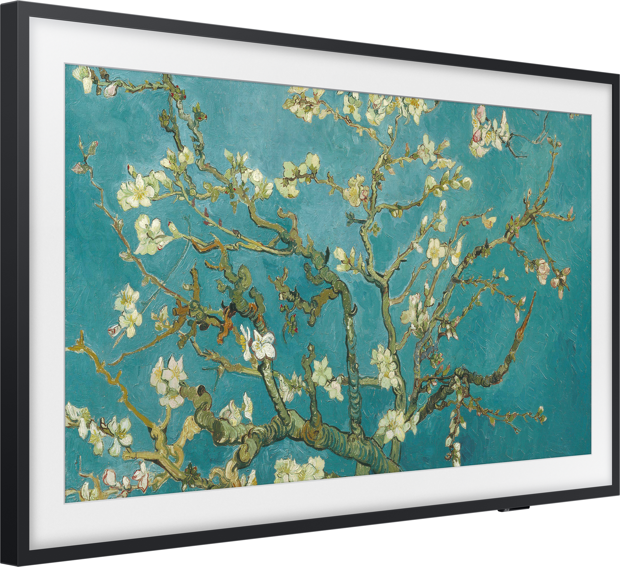 Mandulafa ágait ábrázoló festmény fehér virágokkal, türkiz háttér előtt, fekete keretben.