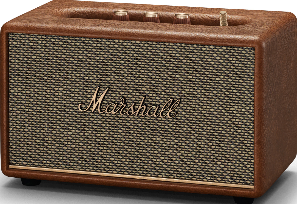 Haut-parleur Marshall marron avec des détails dorés.