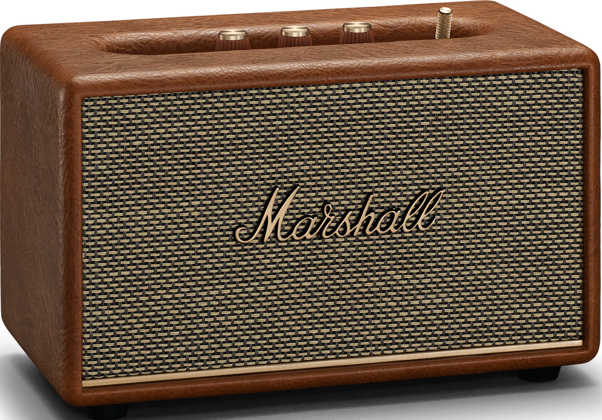 Haut-parleur Marshall marron avec grille noire et boutons dorés.
