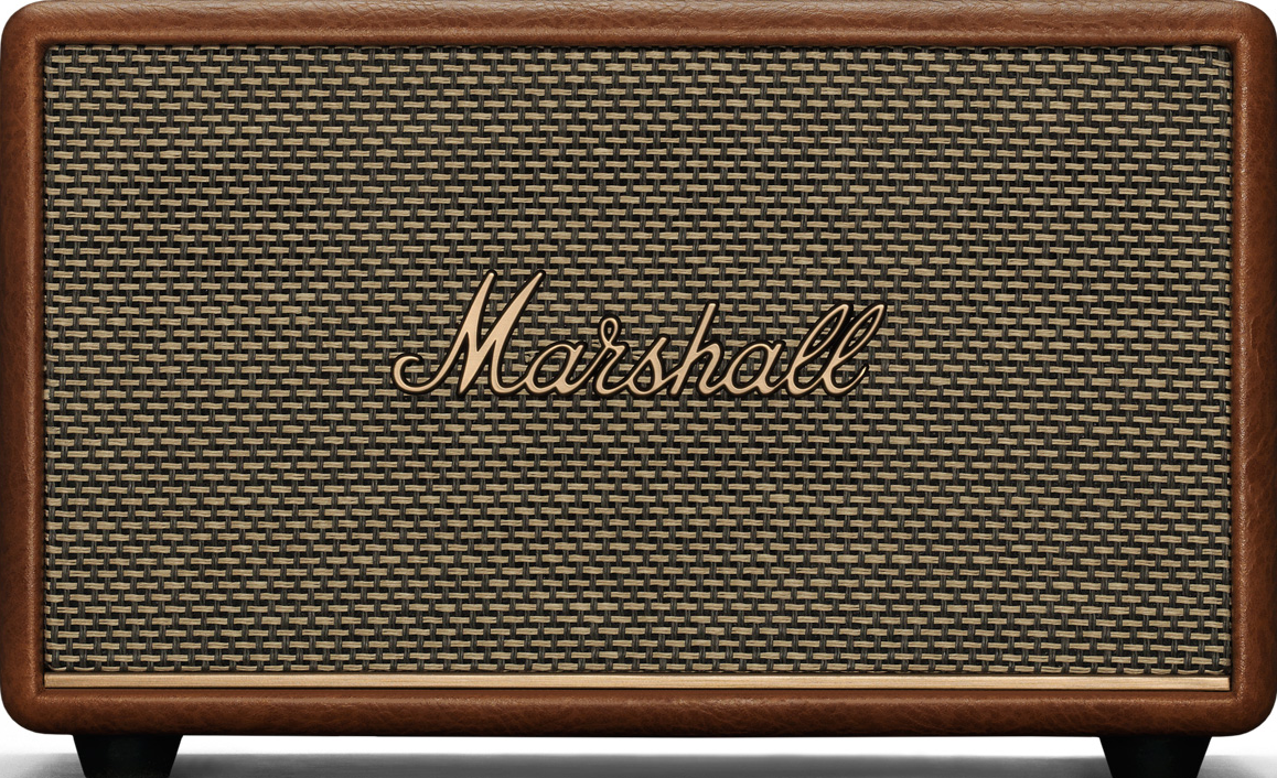 Un haut-parleur Marshall marron avec une façade tissée noire. Le logo Marshall est doré.