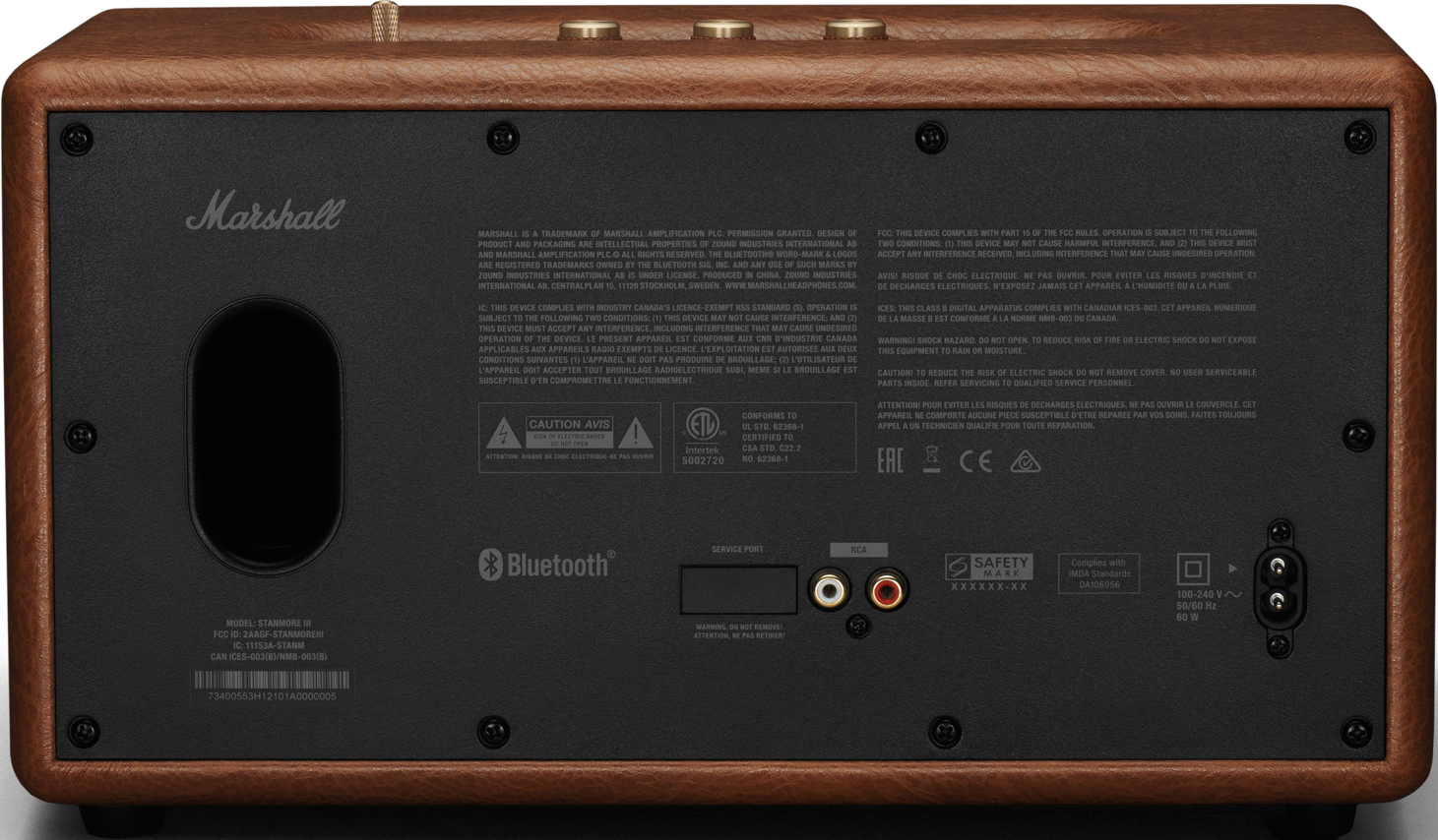 L'arrière d'une enceinte Marshall, montrant les ports, les boutons et les étiquettes sur un fond en bois marron.