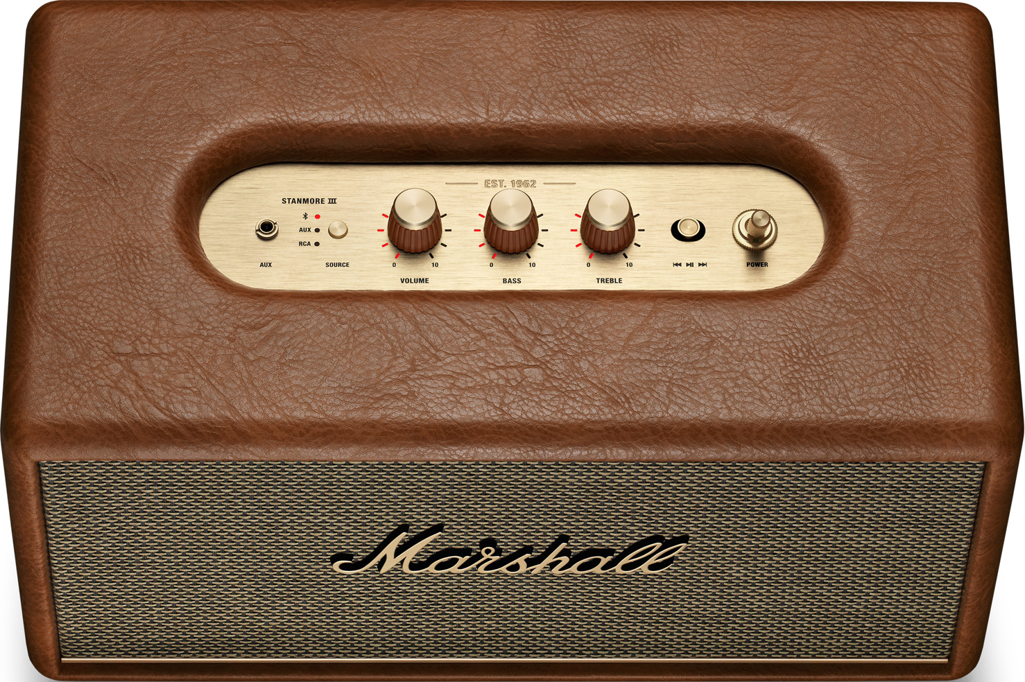 Haut-parleur Marshall marron avec des accents dorés et des boutons de contrôle.