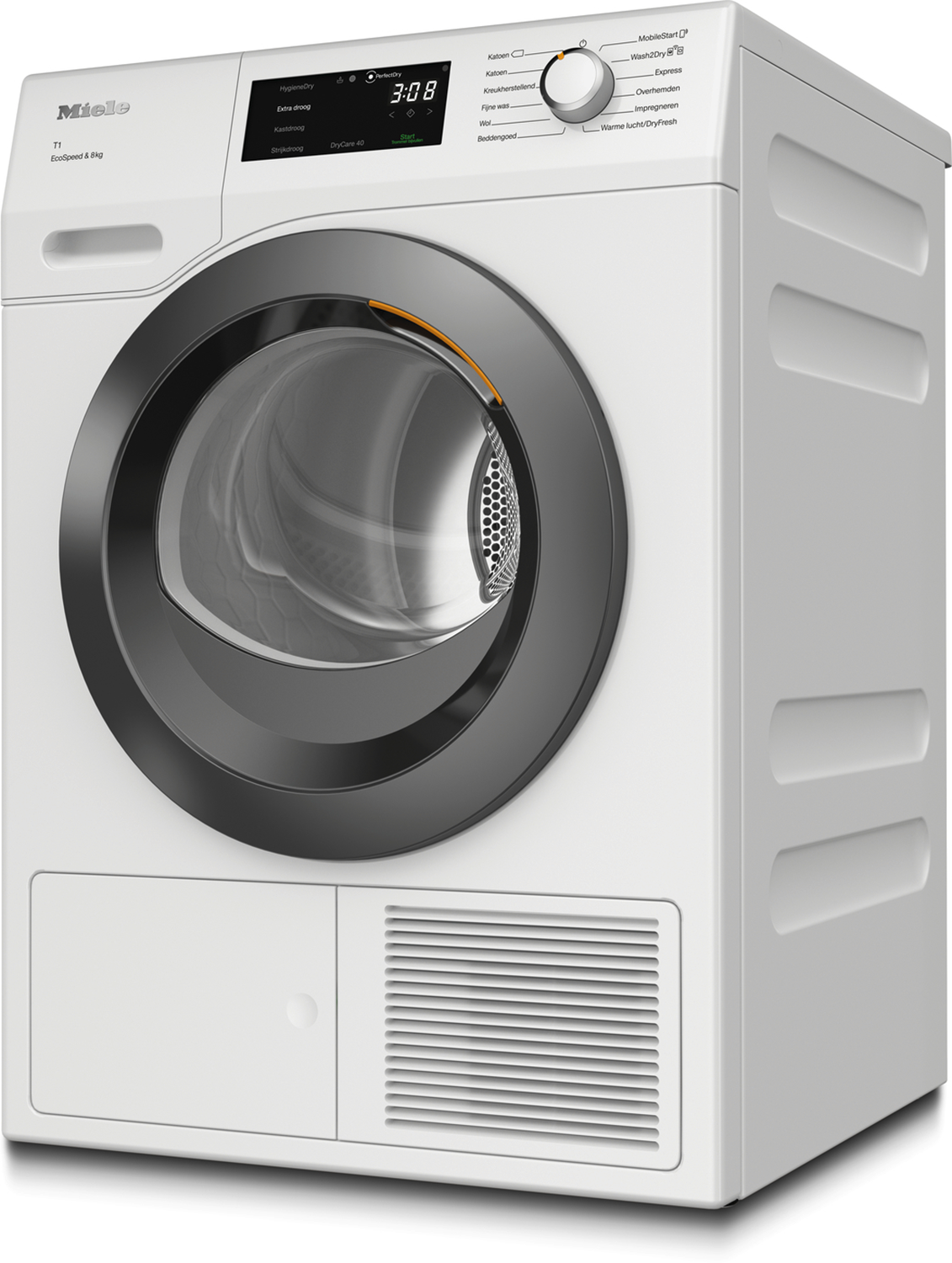 Witte Miele-droger met een zwarte deur en bedieningspaneel.