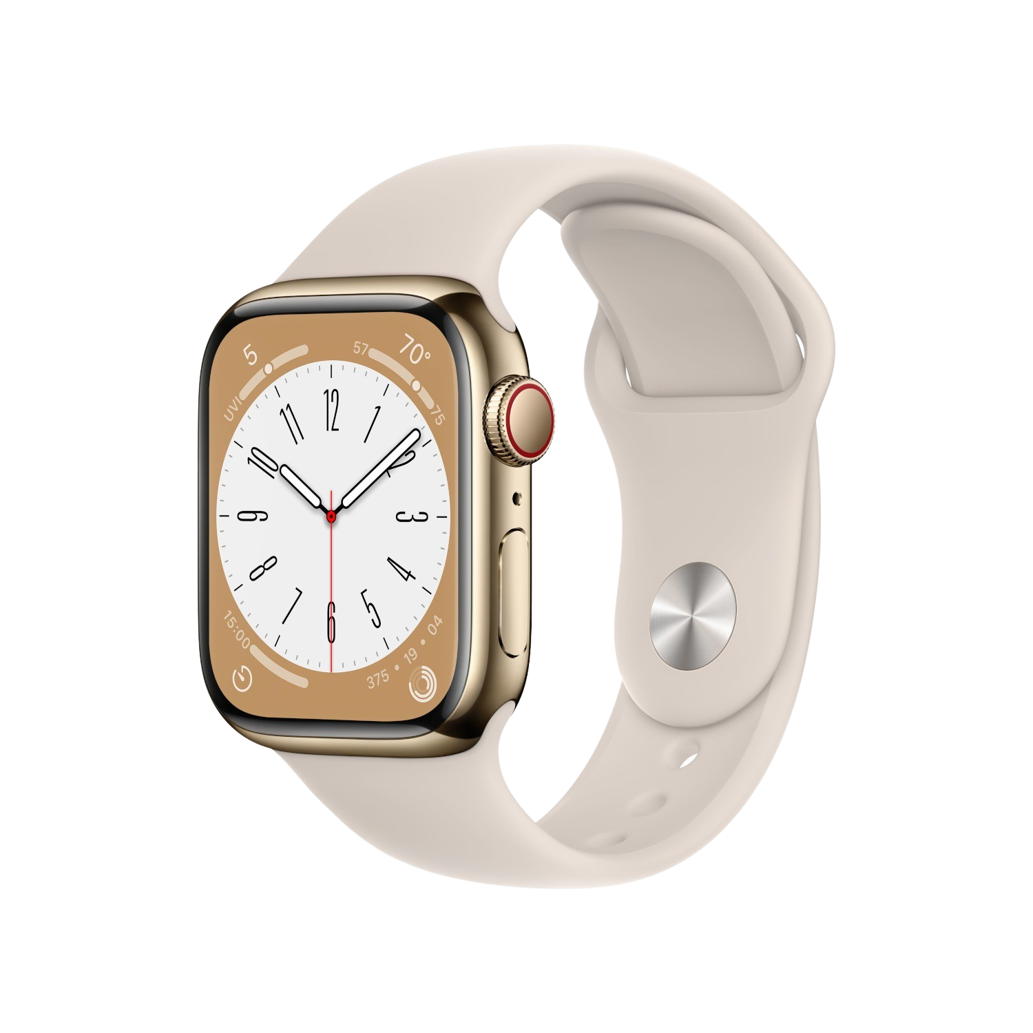 APPLE Watch S8 GPS + Cellular 41 mm Boîtier Acier inoxydable Or, Bracelet Sport Lumière stellaire Regular (MNJC3NF/A)