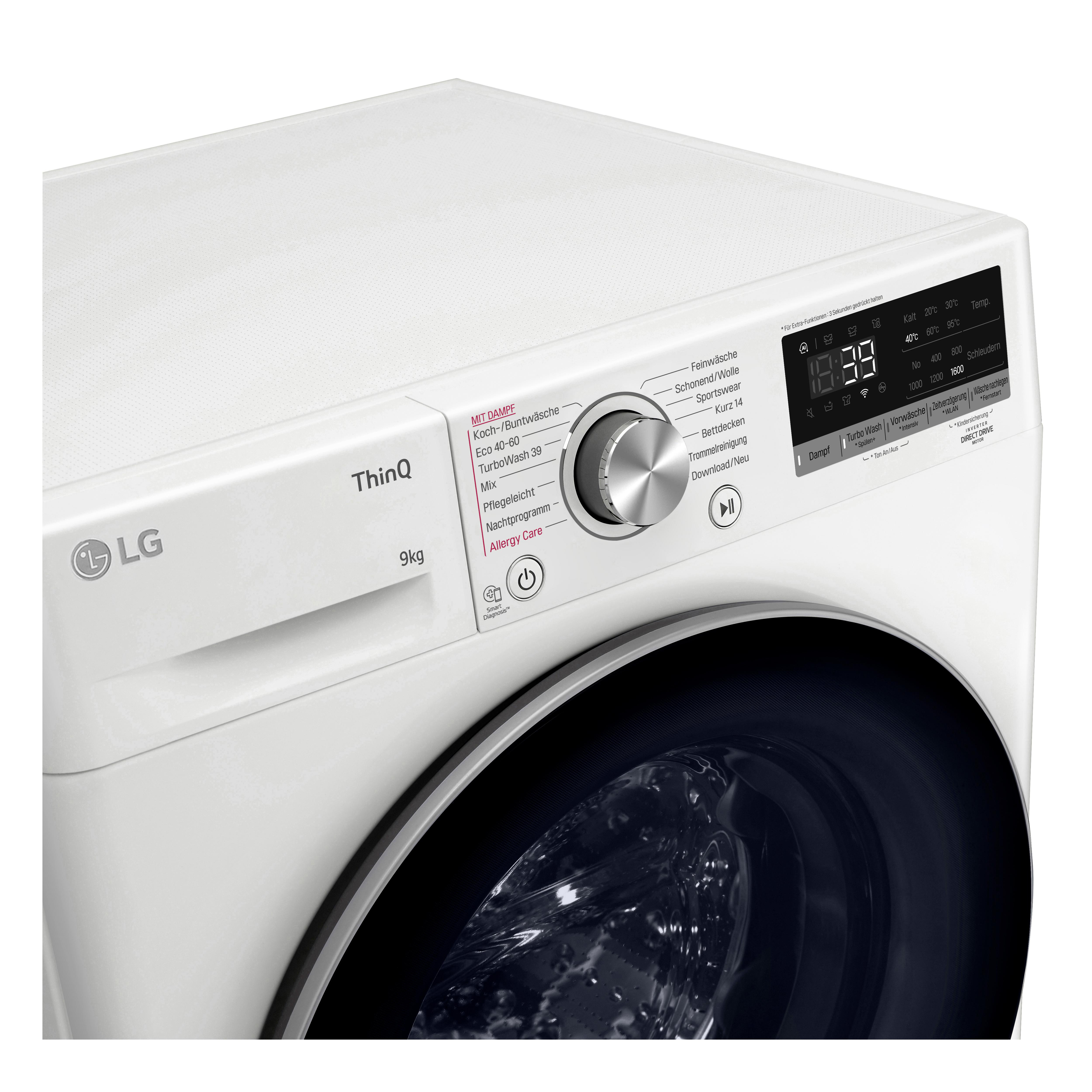 Eine weiße LG Waschmaschine mit digitalem Display und Bedienfeld.
