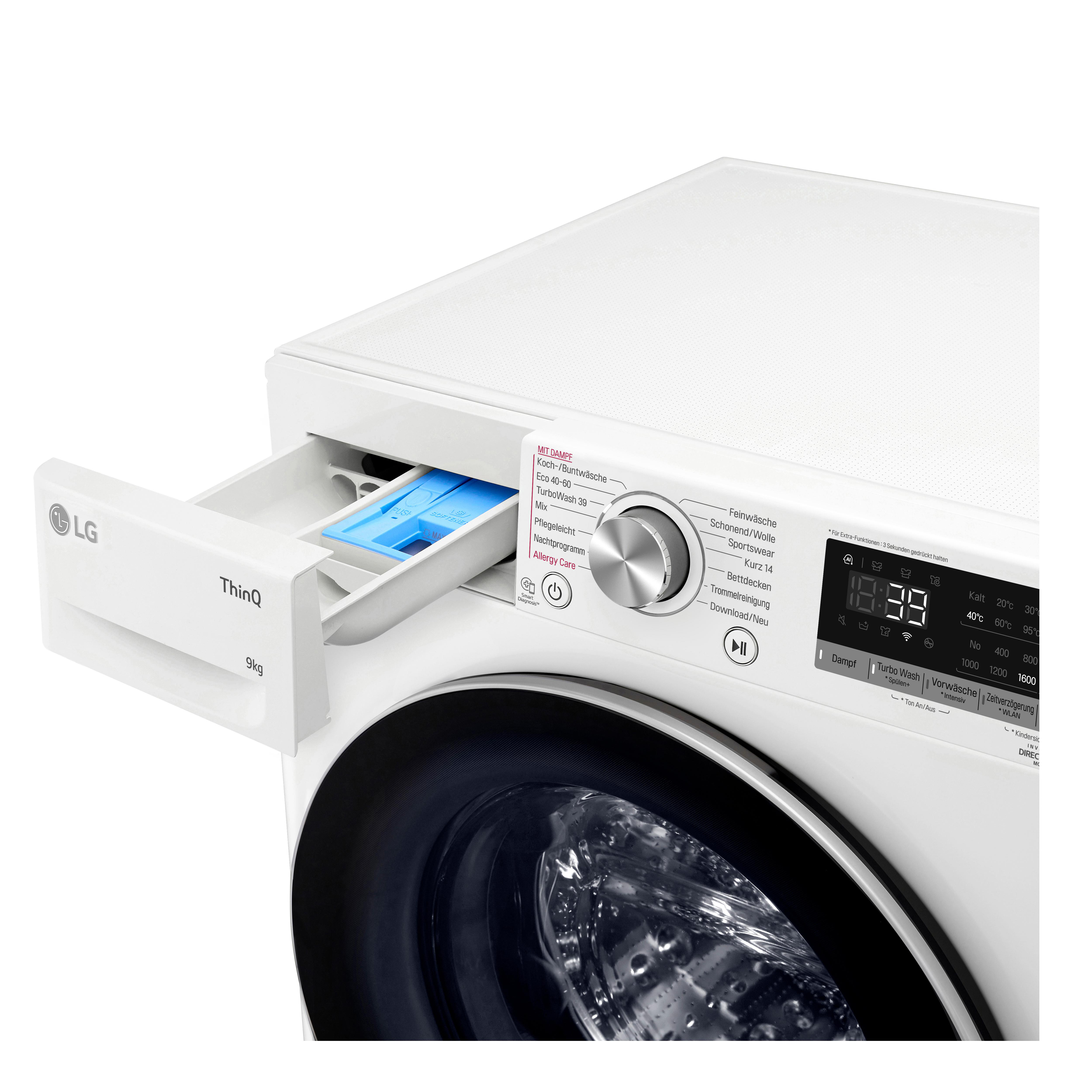 Weiße LG Waschmaschine mit geöffneter Waschmittelschublade.
