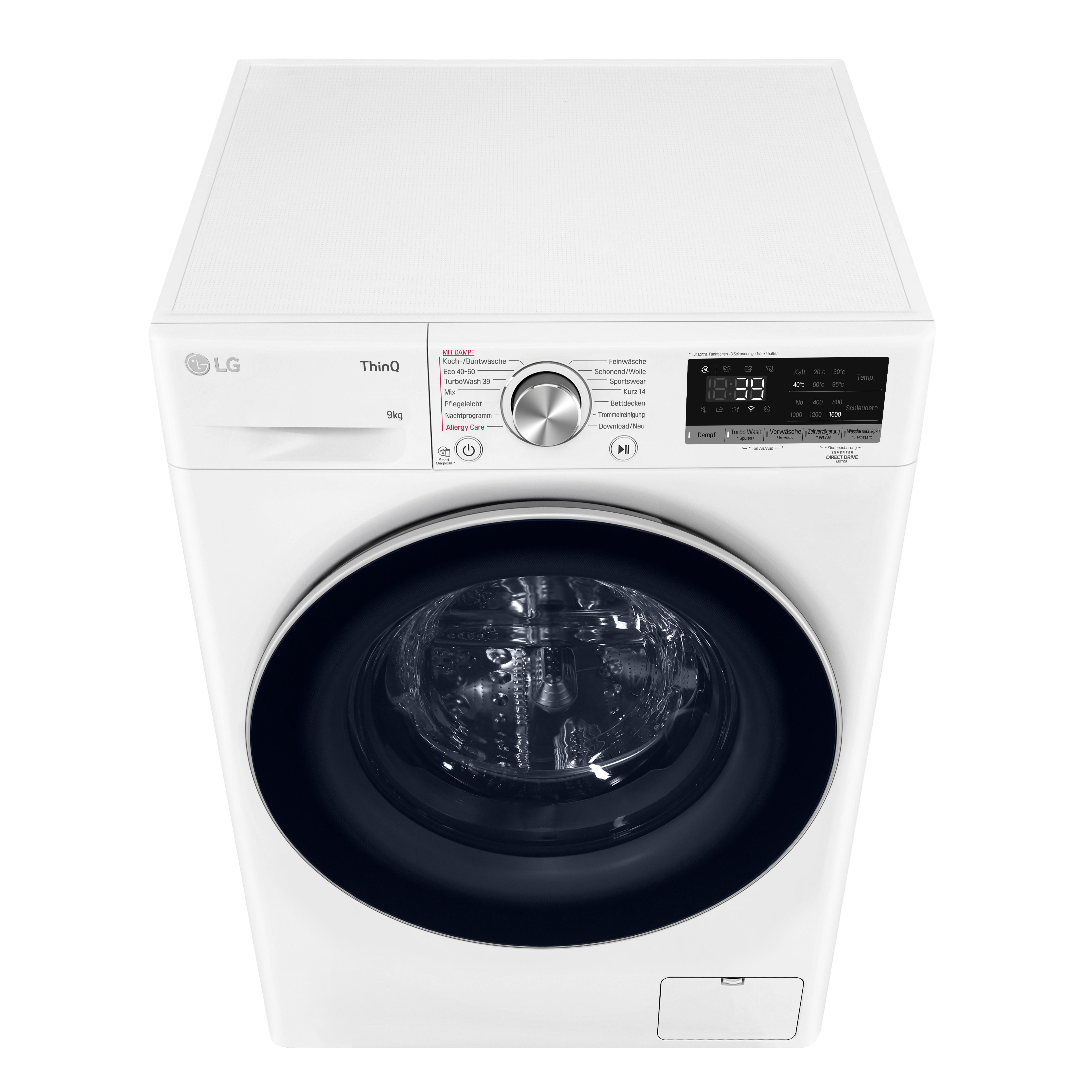 Weiße LG Waschmaschine mit schwarzer Tür. Draufsicht. Knöpfe und Display sind oben sichtbar.