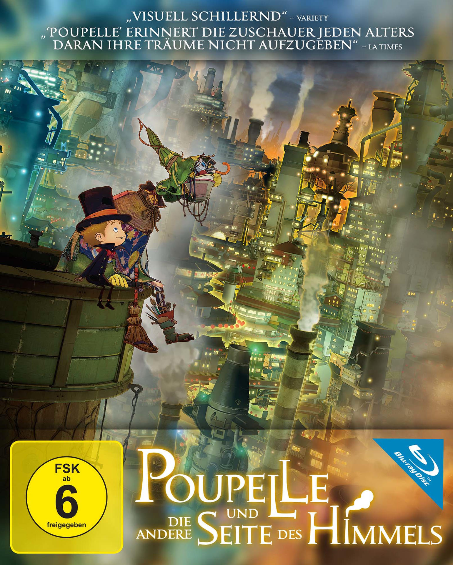 Zeichentrickfilm-Cover mit farbenfroher Stadtlandschaft und Figuren in futuristischer Umgebung.