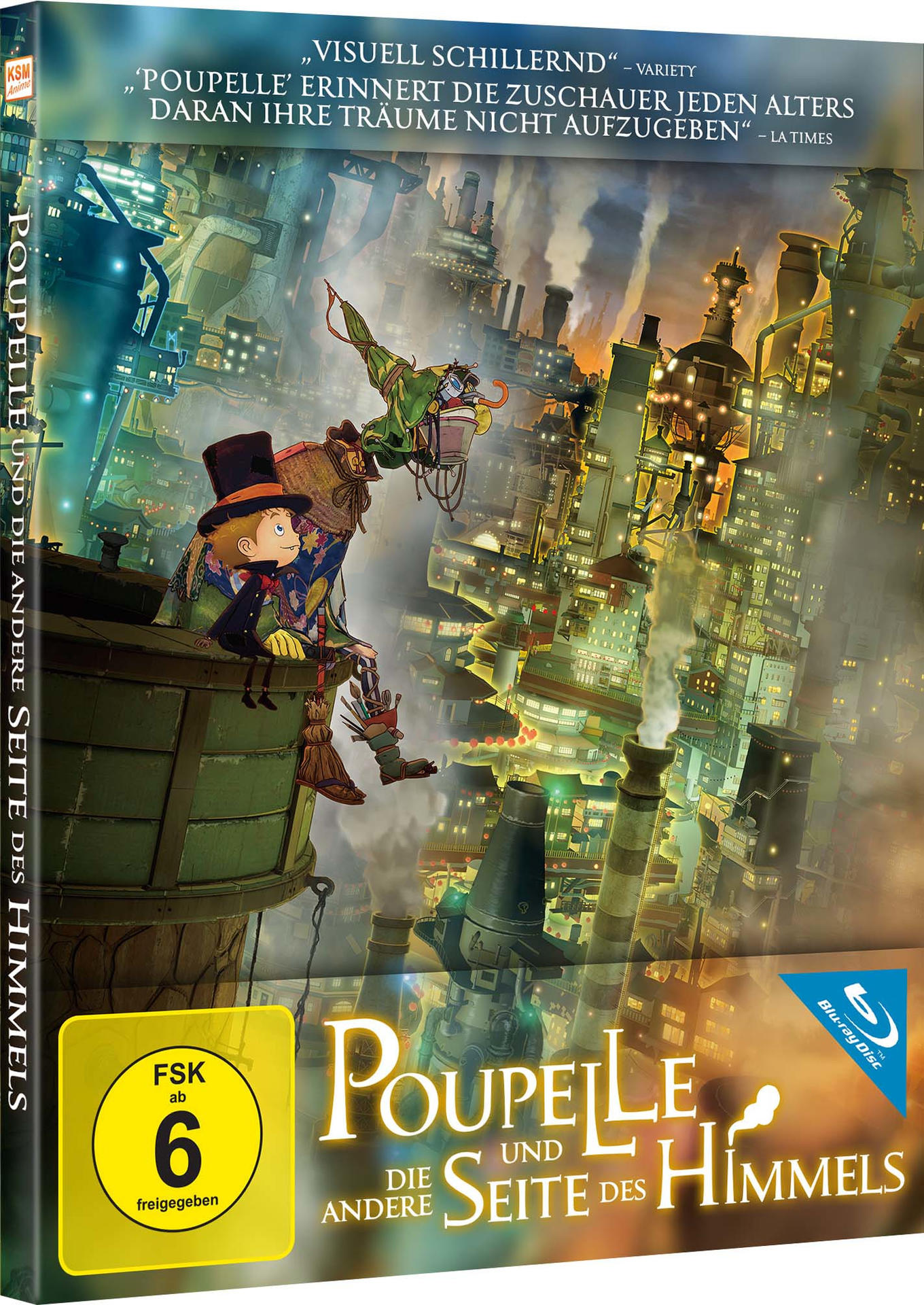 Box von 'PouPelle und die andere Seite des Himmels' Blu-ray. Stadtbild und Charaktere aus dem Film.
