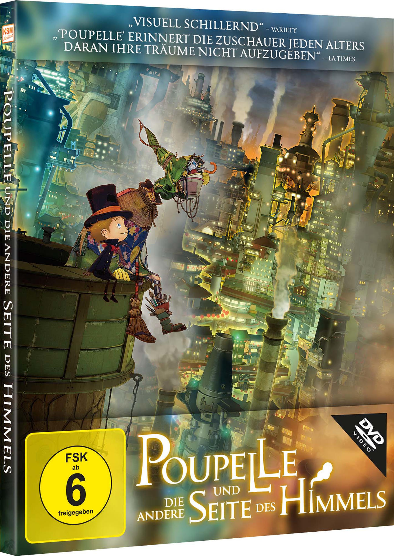 DVD-Cover von Poubelle und der Himmel. Zeichentrickfiguren in einer Stadtlandschaft. Dunkelblau und Orange.