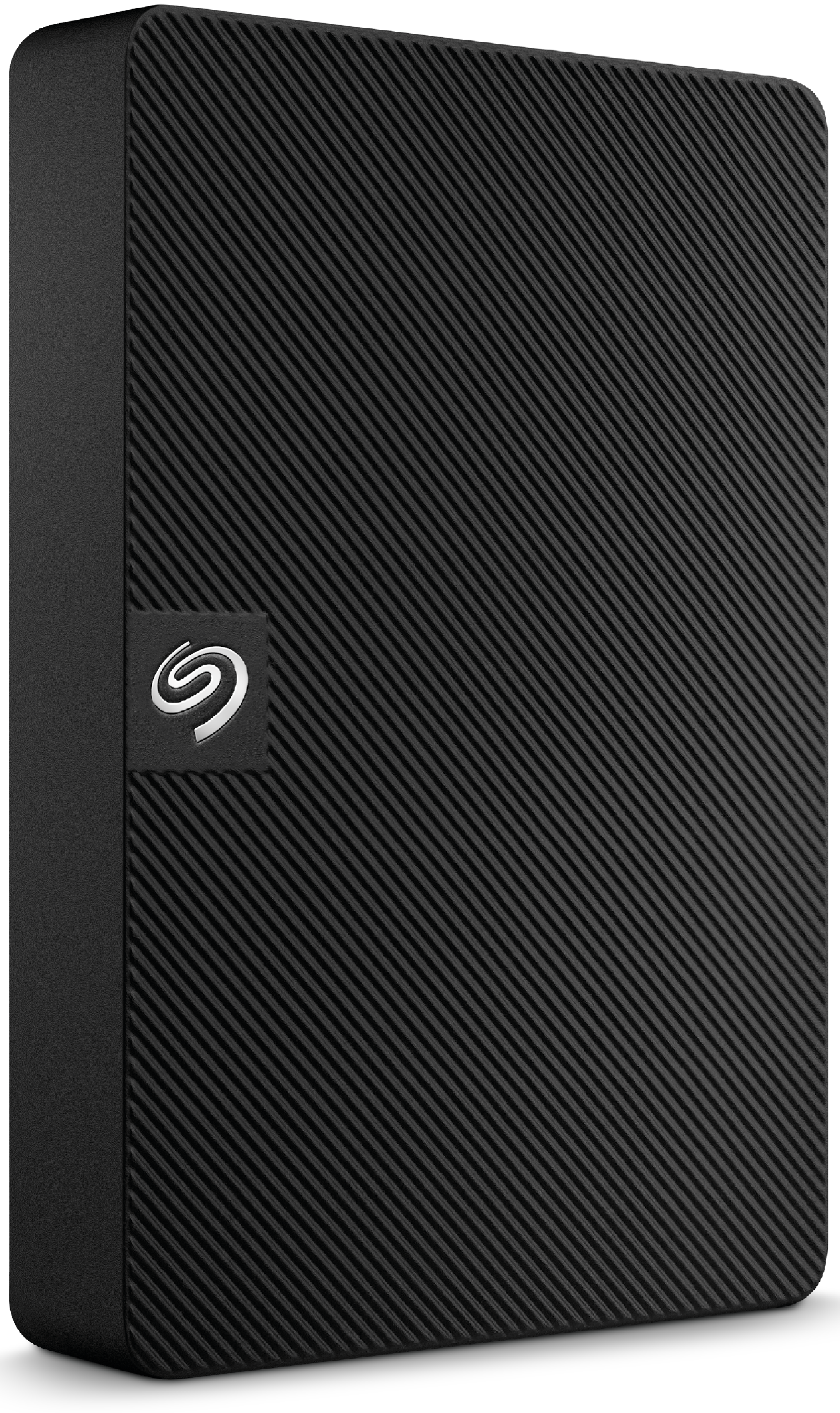 Schwarze, strukturierte, rechteckige externe Festplatte mit weißem Logo.