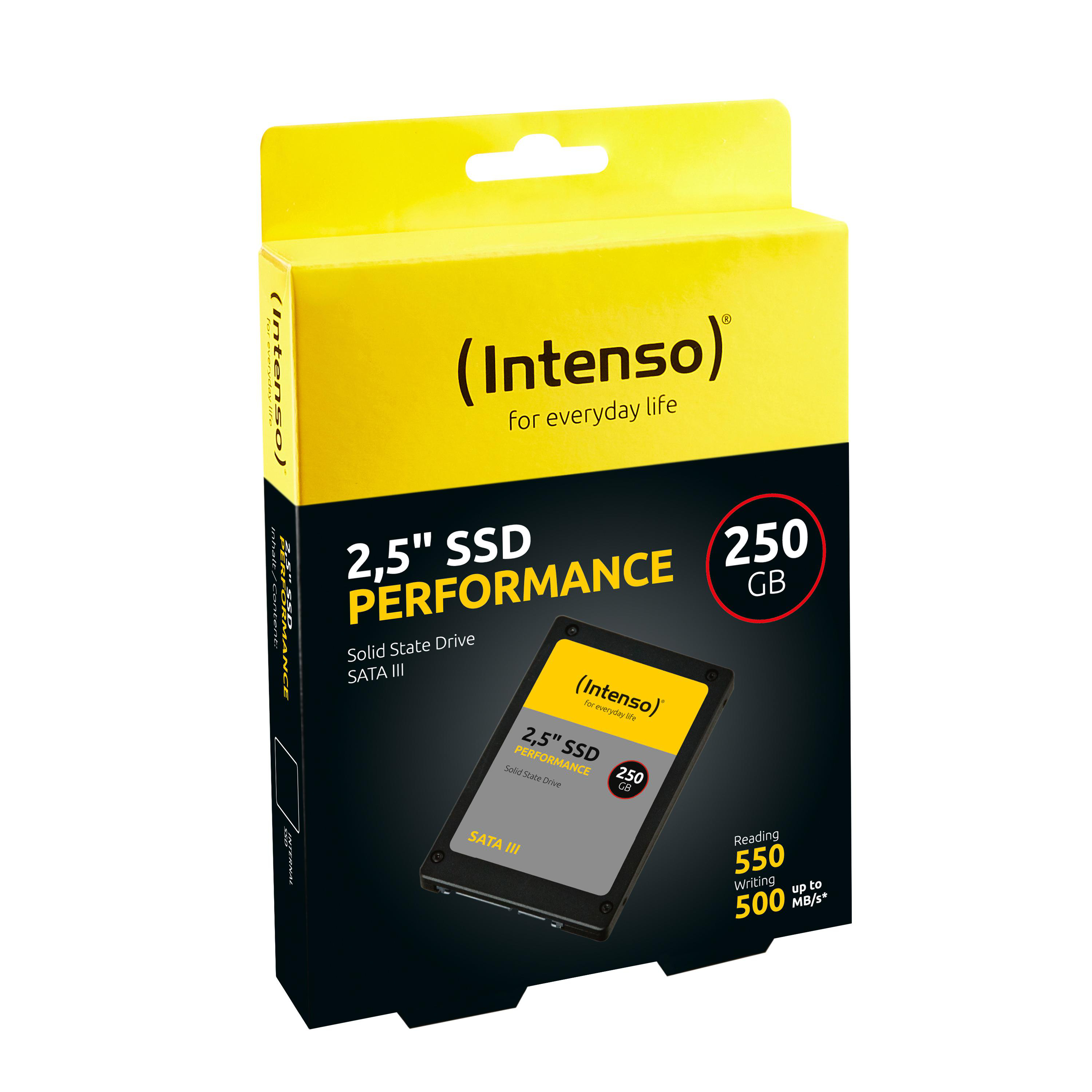 SSD-Box mit Produktdetails. Gelb-schwarzes Design, SSD sichtbar. Text: 250 GB, Performance.