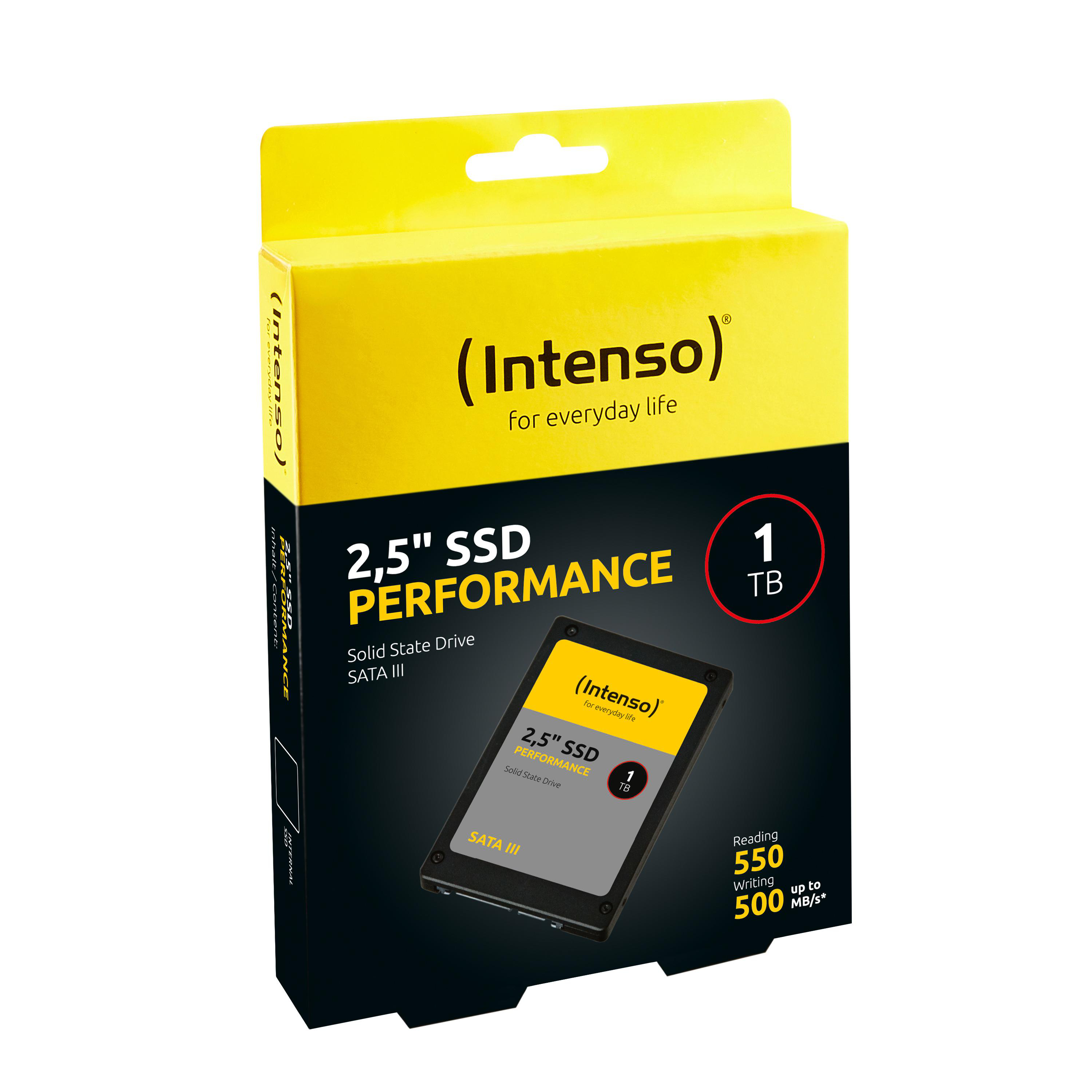 SSD-Box: '2,5" SSD Performance' mit der Marke 'Intenso'. Zeigt die SSD-Festplatte im Inneren.
