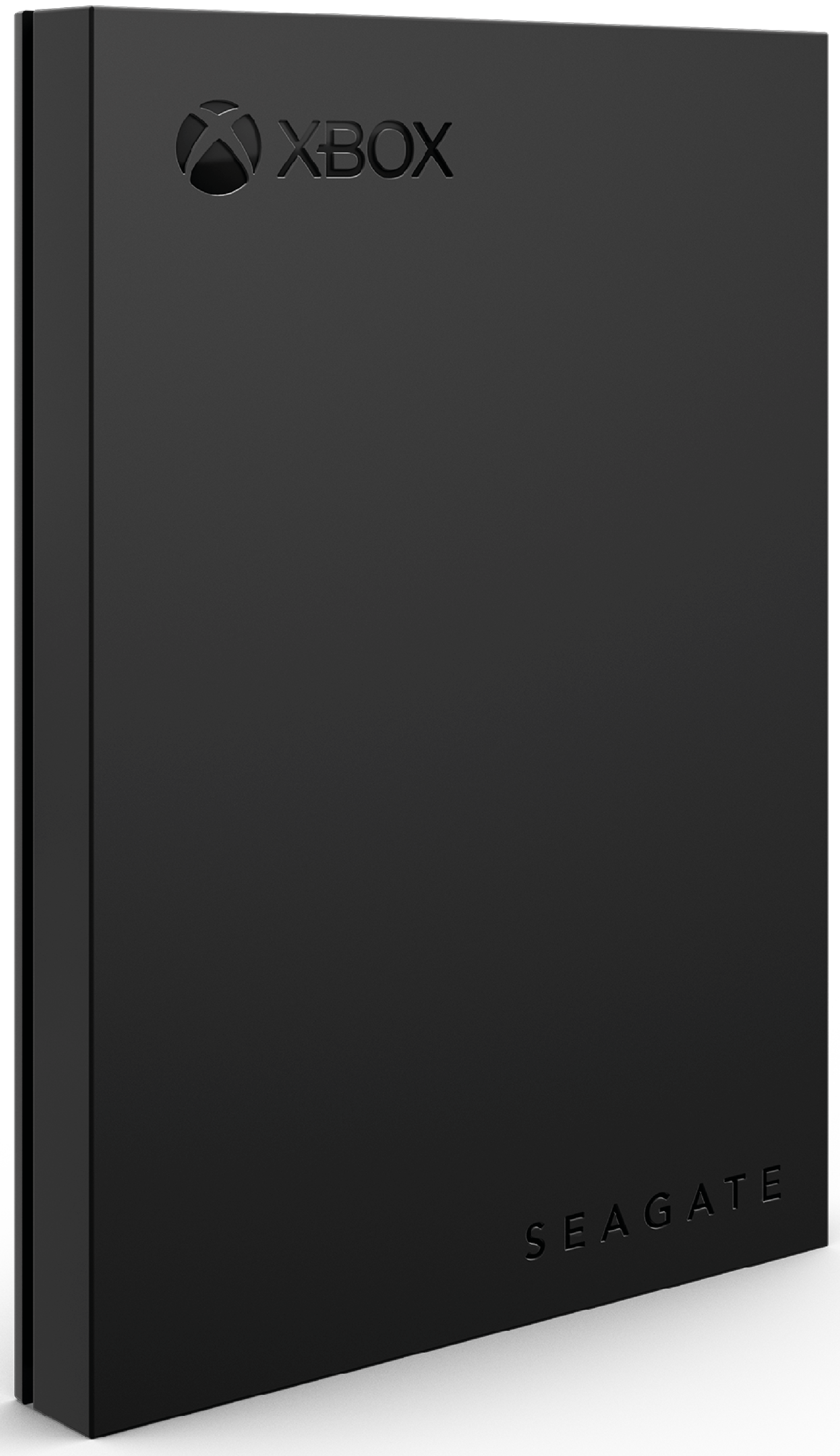 Schwarze externe Seagate Xbox Festplatte. Xbox-Logo oben. Seagate unten gedruckt.