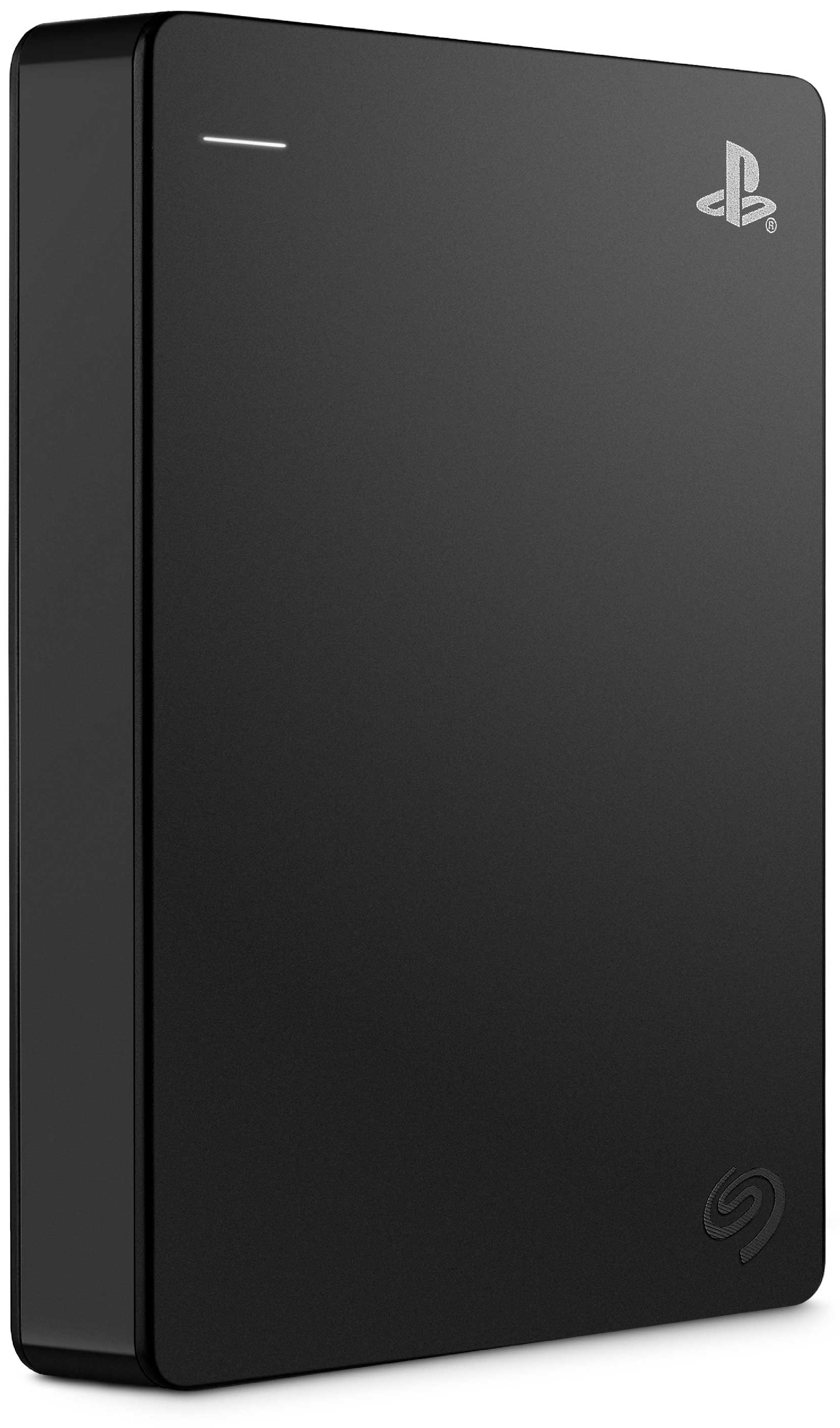 Eine schwarze externe Festplatte mit einem Logo.