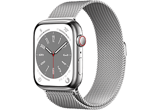APPLE Watch S8 GPS + Cellular 45 mm Boîtier Acier inoxydable Argent, Bracelet Milanais Argent (MNKJ3NF/A)