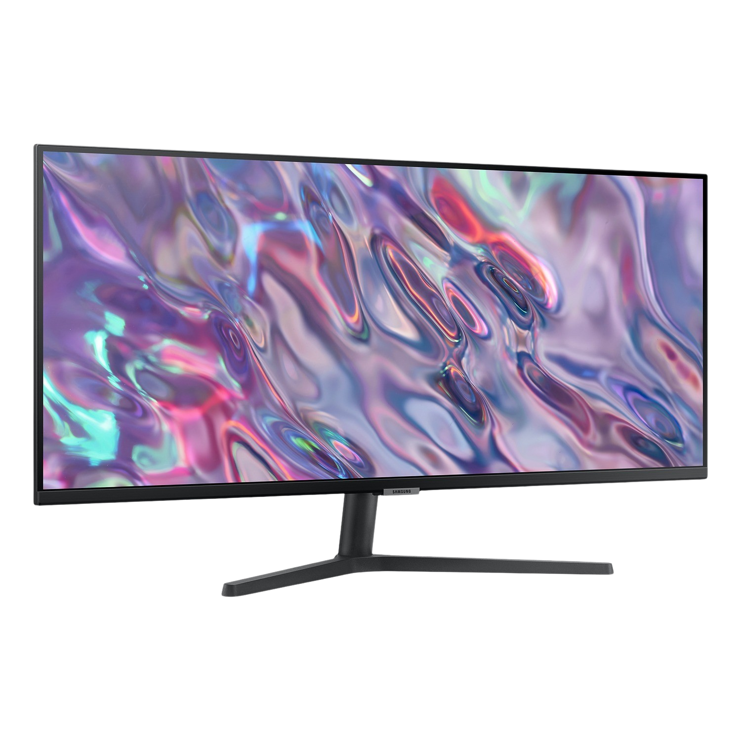 Ultrawide monitor with a curved screen and a black stand. The screen displays a blurred design.